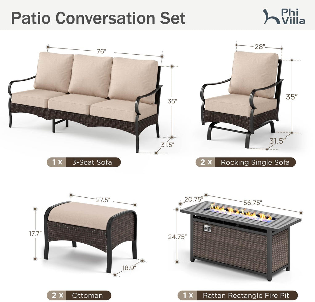 Patio Furniture Set with 56' Fire Pit Table, Premium Outdoor Wicker Metal Frame Furniture with Upgraded Waterproof Thick Cushions for Porch, Poolside, Deck, and Yard （8 Pieces,Beige）