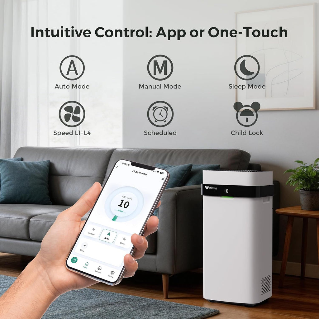 Airdog X5 Air Purifiers for Large Room, Patented TPA Tech Cover Up to 1614 Ft²,Washable and Reusable Filters,Whisper Quiet Smart Air Cleaner for Home, Pets, Allergies, Virus, Dust, Mold, Smoke