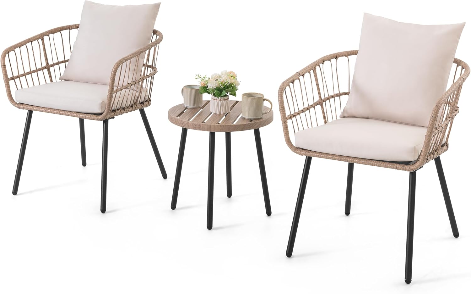 NUU GARDEN 3-Piece Patio Bistro Set, All-Weather Wicker Rattan Outdoor Table and 2 Chairs with Cushions for Porch, Backyard, Poolside, Deck, Beige