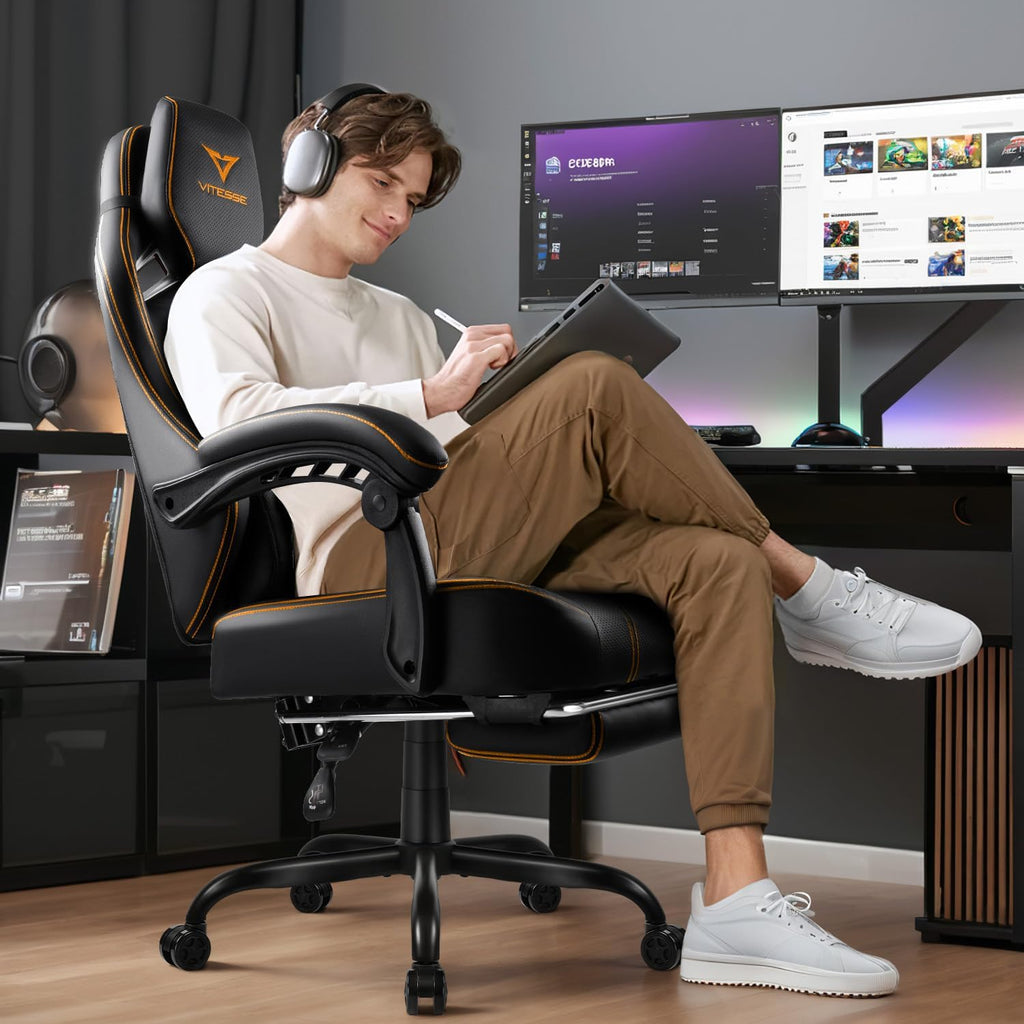 VITESSE Big and Tall Gaming Chair 400lb Weight Capacity with Footrest, Ergonomic Video Game Chair for Adults with Oversized Headrest and Lumbar Pillow, Computer Chair Gaming for Office (Black+Orange)