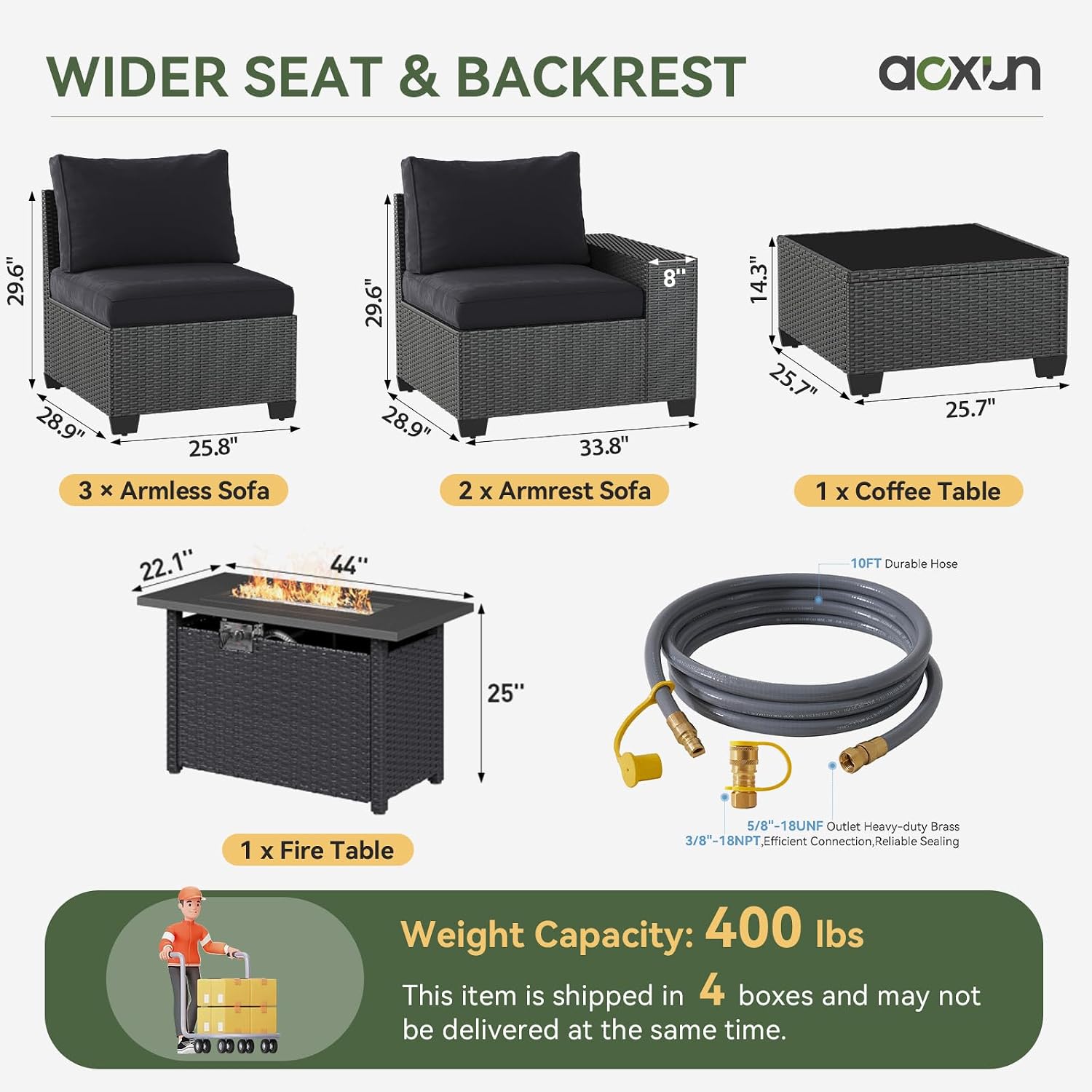 Aoxun Patio Furniture Set with 44'' Fire Pit Table, 7 Pcs Outdoor Patio Furniture Sets with 4in Thicken Cushion, Widen Armrests Wicker Outdoor Sectional for Backyard with Cover and Gas Converter