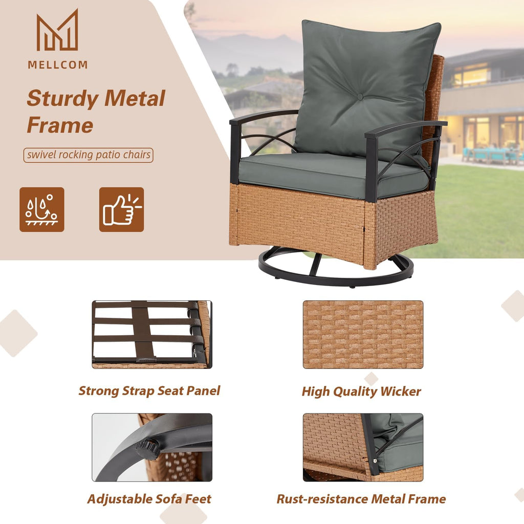 MELLCOM 3 Pieces Patio Furniture Set, Outdoor Swivel Patio Rocker Chairs with Thick Cushions and 2-Tier Coffee Table, Oversize Wicker Bistro Conversation Sets for Garden, Balcony, Backyard, Grey