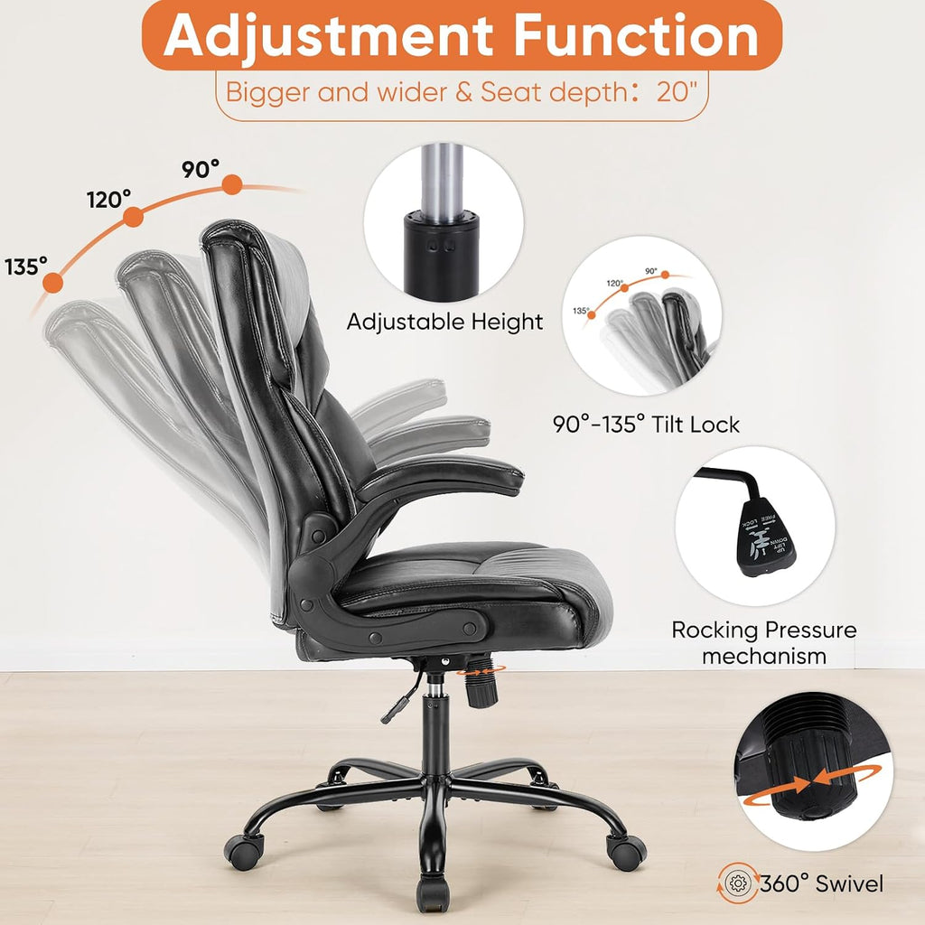 Sweetcrispy Ergonomic Computer Gaming Office Chair Set of 2, Heavy Duty Task Desk Swivel Rolling Chairs with Wheels, Flip-up Arms, Adjustable Height, PU Leather,Inky