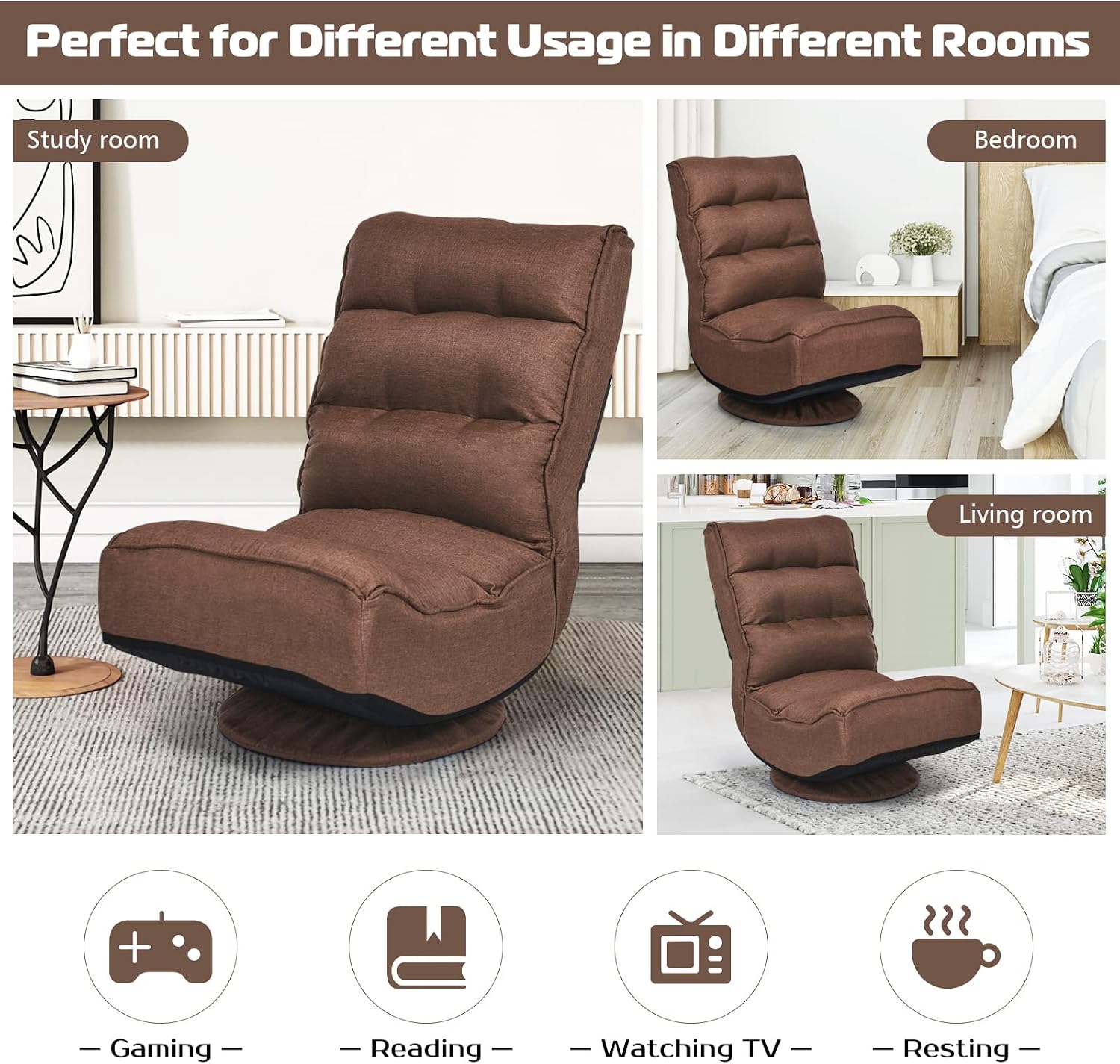 COSTWAY Folding Floor Chair, Adjustable 5-Position Video Gaming Chair with 360 Degree Swivel, Detachable Cover, Padded Backrest, Multipurpose Living Room Floor Lounger for TV Reading Playing, Coffee