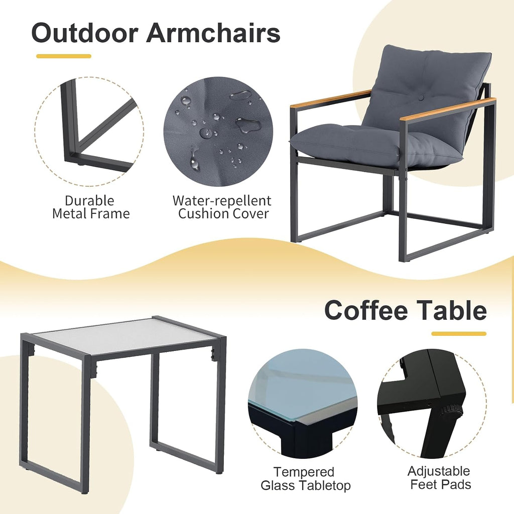 3 Piece Patio Bistro Set Outdoor & Indoor - Small Space Balcony Furniture with 2 Cushioned Deep Seating Chairs & Coffee Table, Rust-Proof Metal Frame, Breathable Textilene, Modern Porch Deck Set