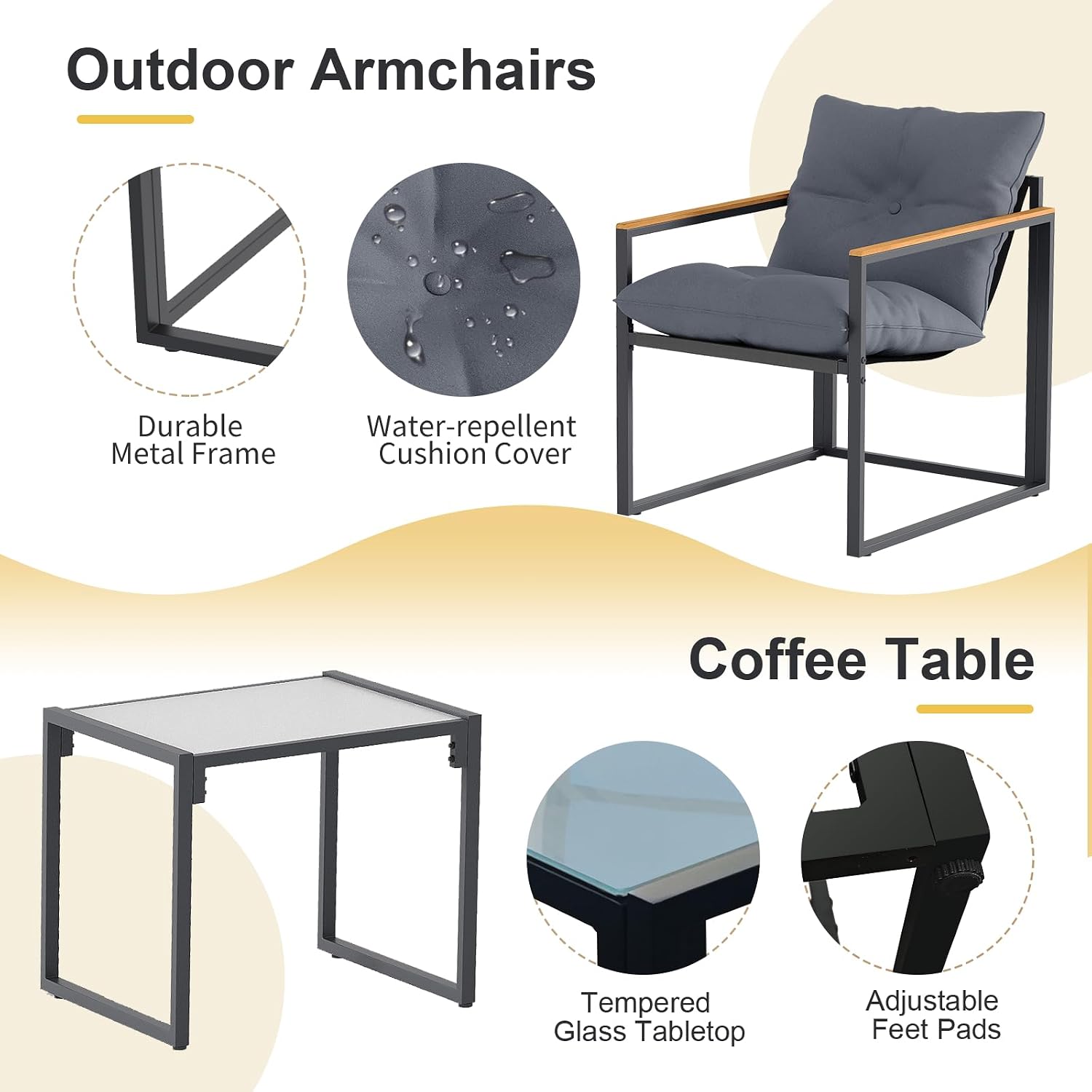3 Piece Patio Bistro Set Outdoor & Indoor - Small Space Balcony Furniture with 2 Cushioned Deep Seating Chairs & Coffee Table, Rust-Proof Metal Frame, Breathable Textilene, Modern Porch Deck Set