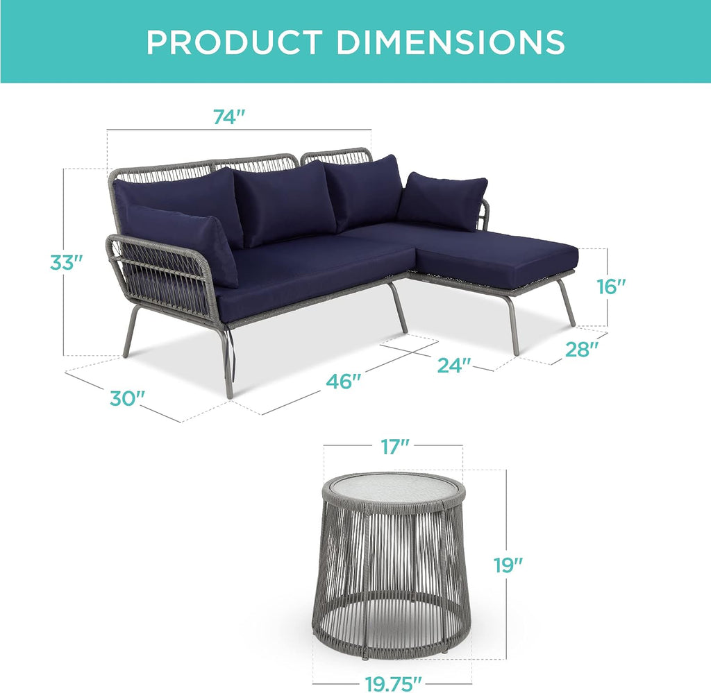 Best Choice Products Outdoor Rope Woven Sectional Patio Furniture L-Shaped Conversation Sofa Set for Backyard, Porch w/Thick Cushions, Detachable Lounger, Side Table - Gray/Navy