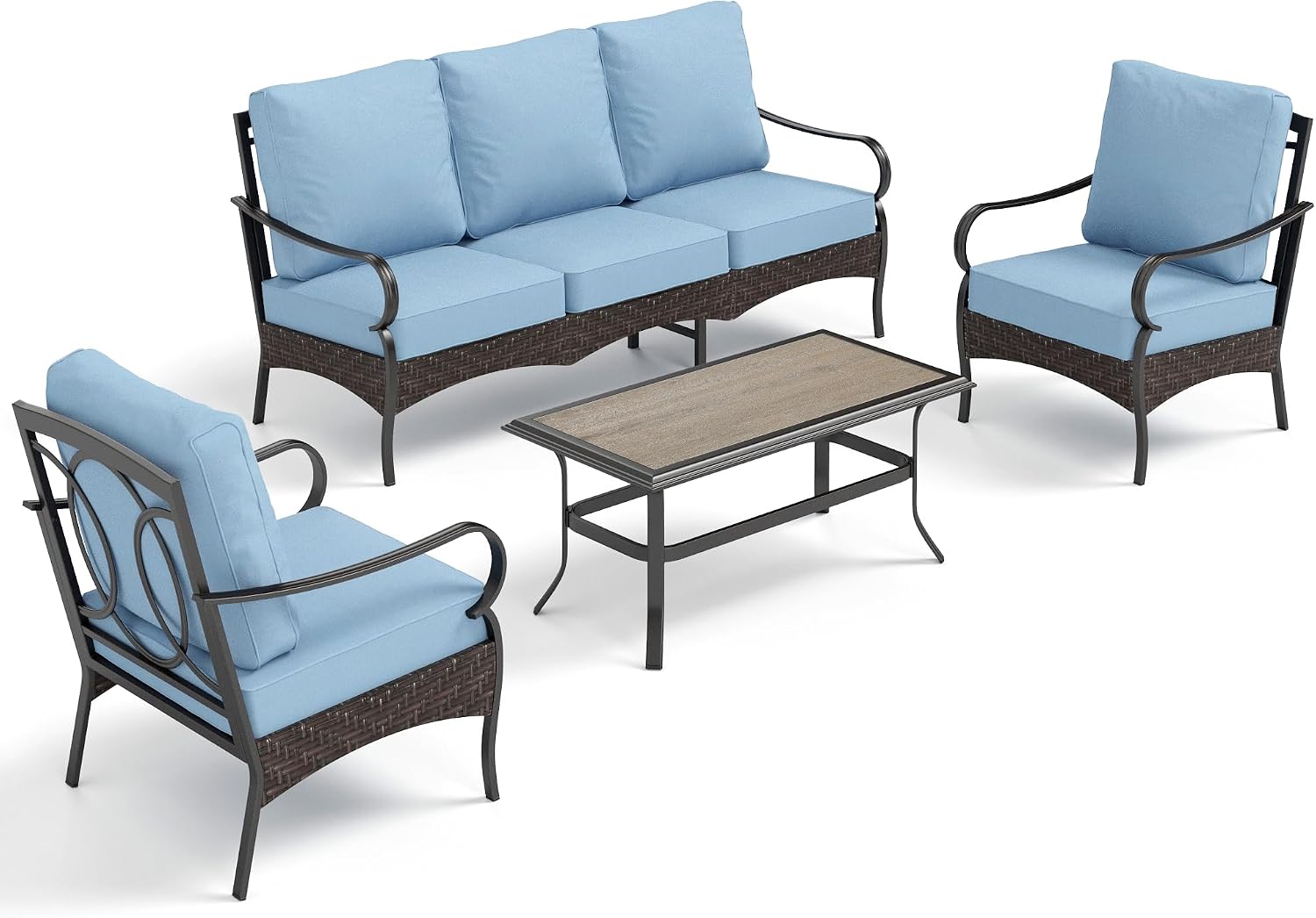 PHI VILLA Outdoor Modern Patio Furniture Set, Upgraded Wicker & Metal Patio Furniture Conversation Set with Waterproof Thick Cushions for Porch, Poolside, Yard (4 Pieces,Blue)