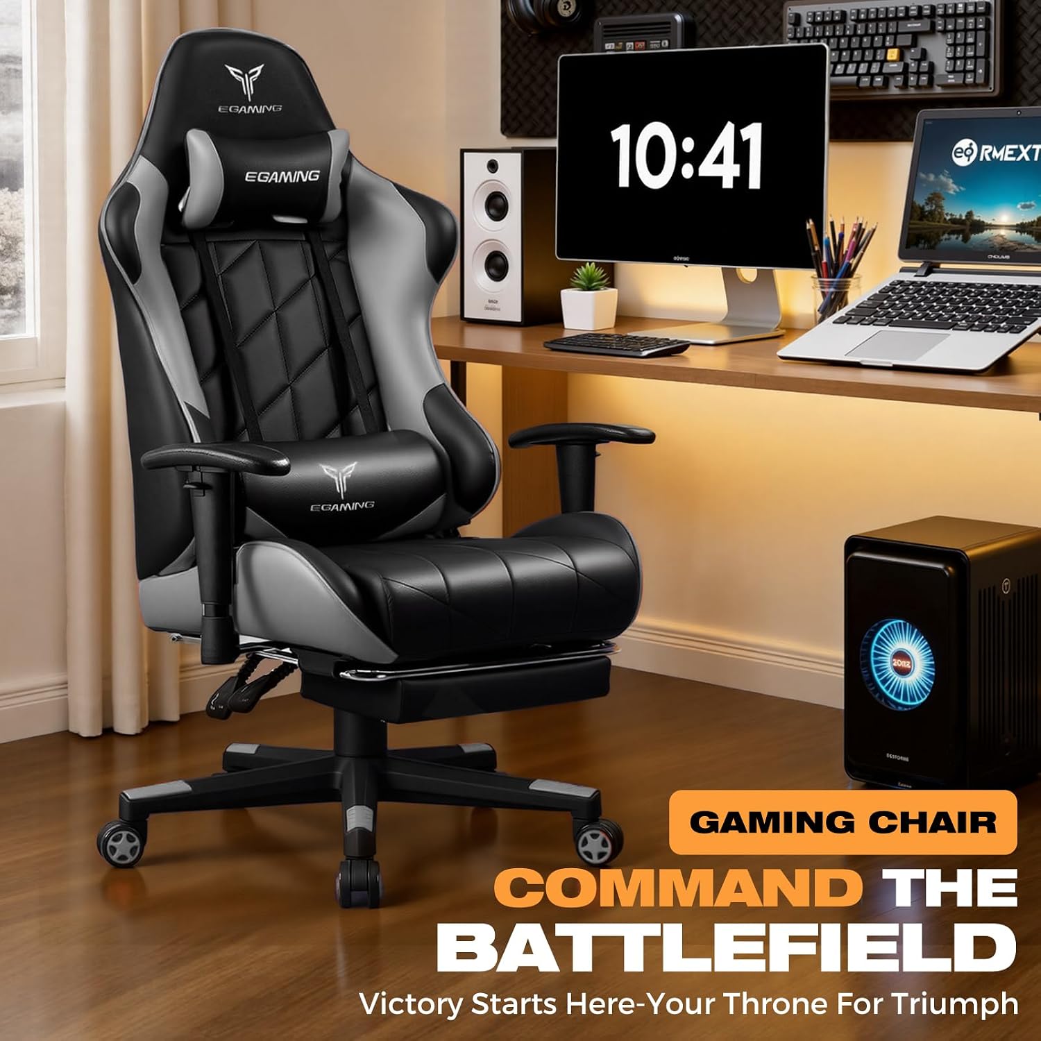 Gaming Chair with Footrest, Ergonomic High-Back PU Leather Computer Chair with 3D Adjustable Armrests, Headrest and Lumbar Support, Office Desk Chair with Diamond Stitching for Adults & Teen