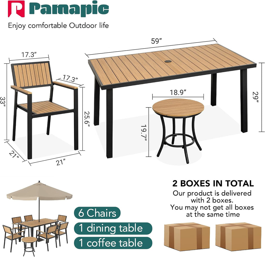 Pamapic 8-Piece Patio Dining Set，Outdoor Aluminum Furniture Set with Plastic-Wood Table Top,Outdoor Furniture Set with 6 Outdoor Stackable Chairs for Patio Garden Poolside (Teak)