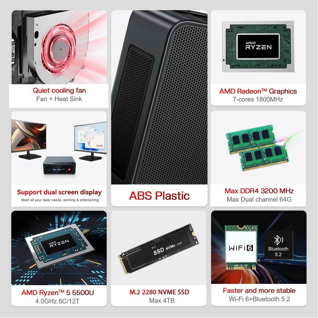 Beelink SER5 Pro Mini PC, AMD Ryzen 5 5500U(7nm, 6C/12T) up to 4.0GHz, Mini Computer 16GB DDR4 RAM 500GB NVME SSD, Micro PC 4K@60Hz Triple Display, Mini Gaming Computer WiFi6/BT5.2/HTPC