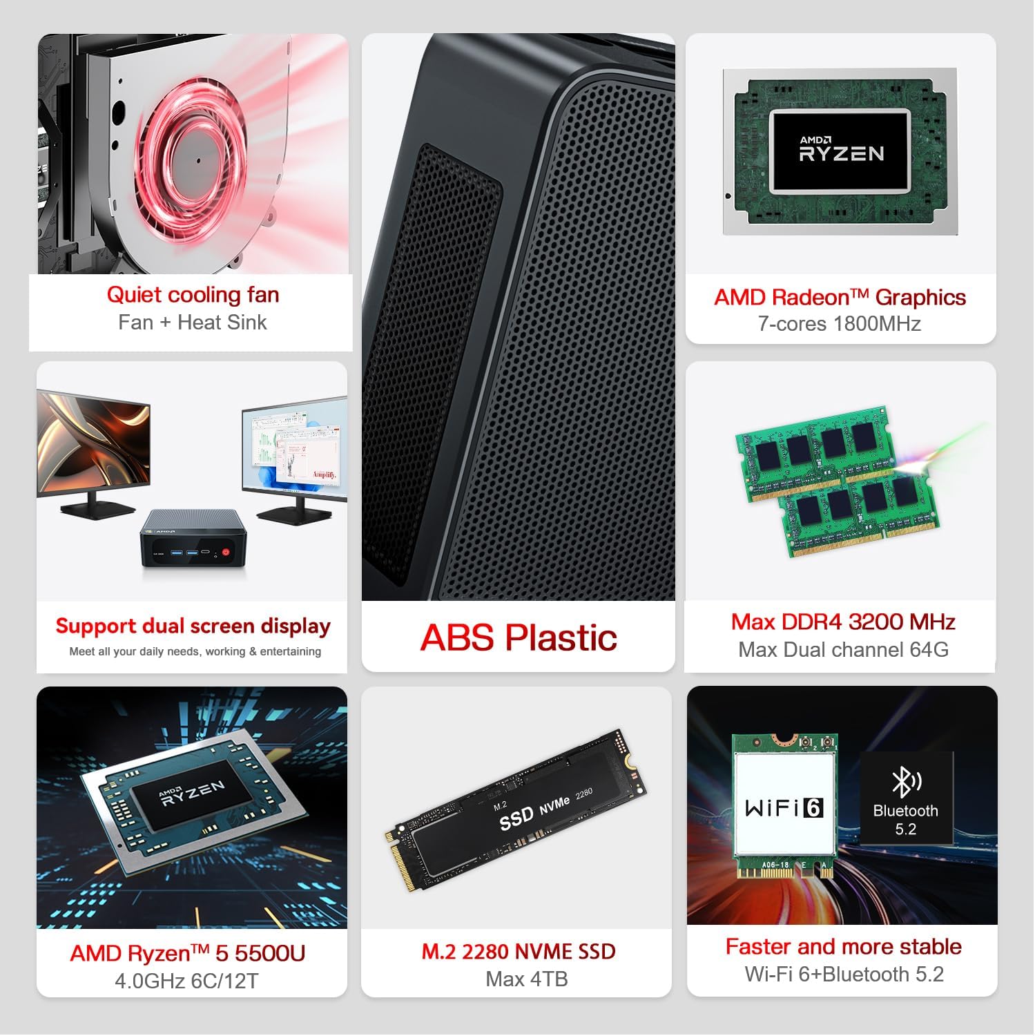 Beelink SER5 Pro Mini PC, AMD Ryzen 5 5500U(7nm, 6C/12T) up to 4.0GHz, Mini Computer 16GB DDR4 RAM 500GB NVME SSD, Micro PC 4K@60Hz Triple Display, Mini Gaming Computer WiFi6/BT5.2/HTPC