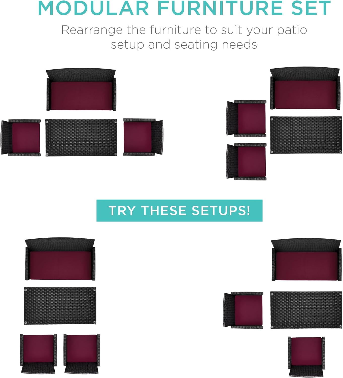 Best Choice Products 4-Piece Outdoor Wicker Patio Conversation Furniture Set for Backyard w/Coffee Table, Seat Cushions - Black/Deep Burgundy