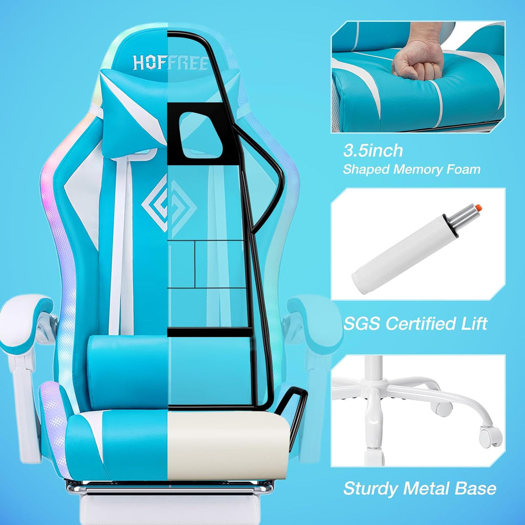 HOFFREE RGB Gaming Chair with Speakers Massage Computer Gaming Chair with LED Lights and Footrest High Back Video Game Chair for Adults Light Blue and White