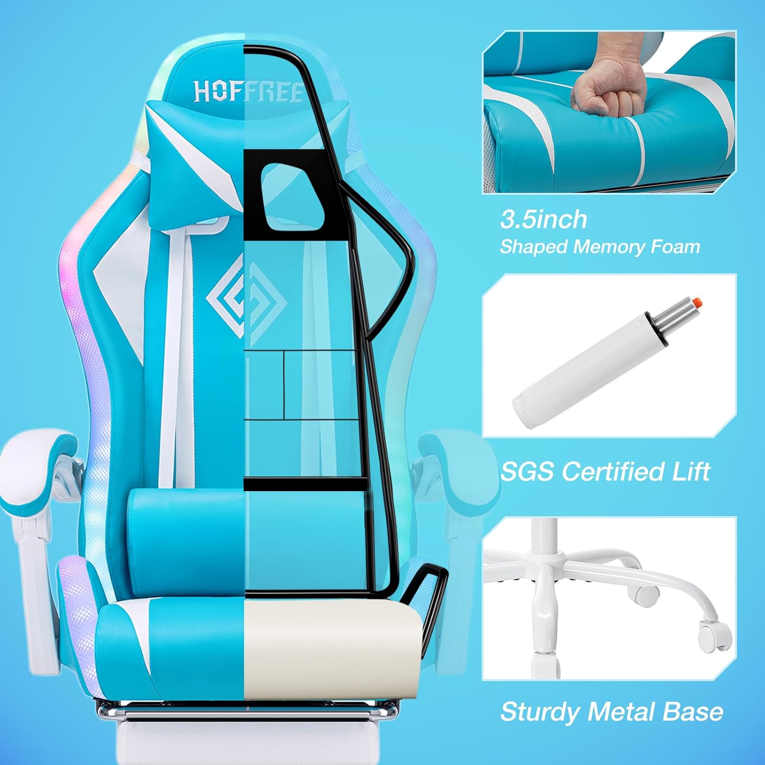 HOFFREE RGB Gaming Chair with Speakers Massage Computer Gaming Chair with LED Lights and Footrest High Back Video Game Chair for Adults Light Blue and White