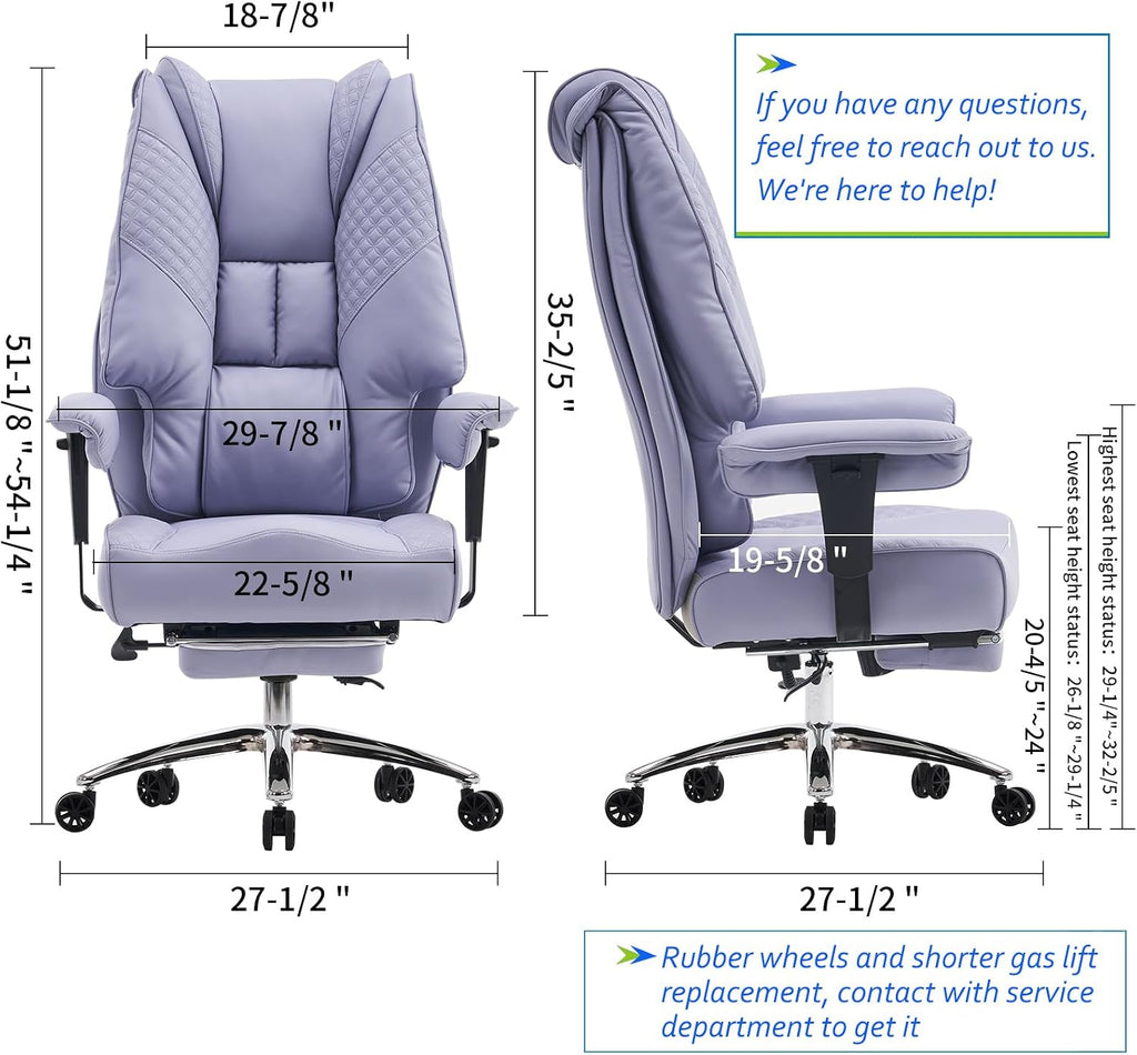EXCEBET Big and Tall Office Chair 400lbs Wide Seat, Leather High Back Executive Office Chair with Foot Rest, Ergonomic Chairs Lumbar Support for Lower Back Pain Relief (Light Purple)