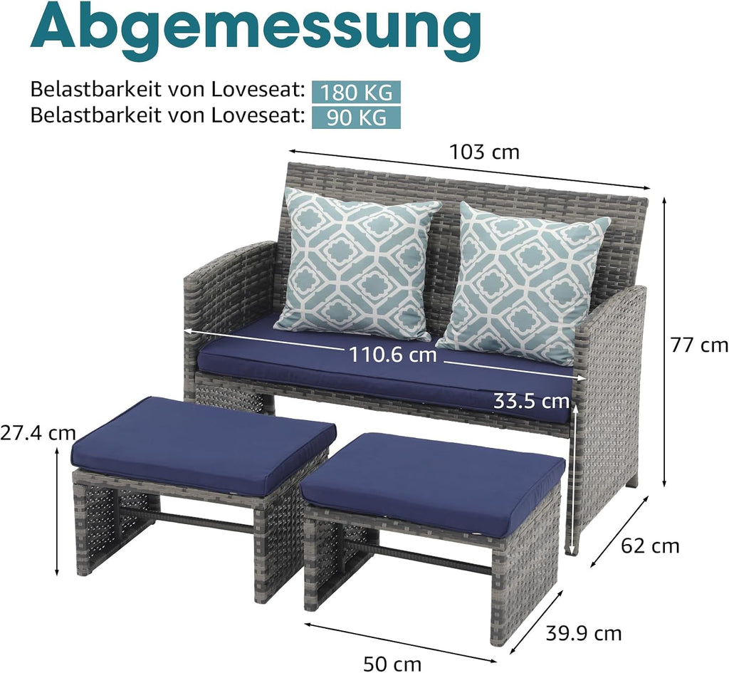 OC Orange-Casual Patio Furniture Set,3 Pieces Outdoor Wicker Conversation Loveseat with Ottomans for Porch, Gray Rattan Navy Blue Cushions