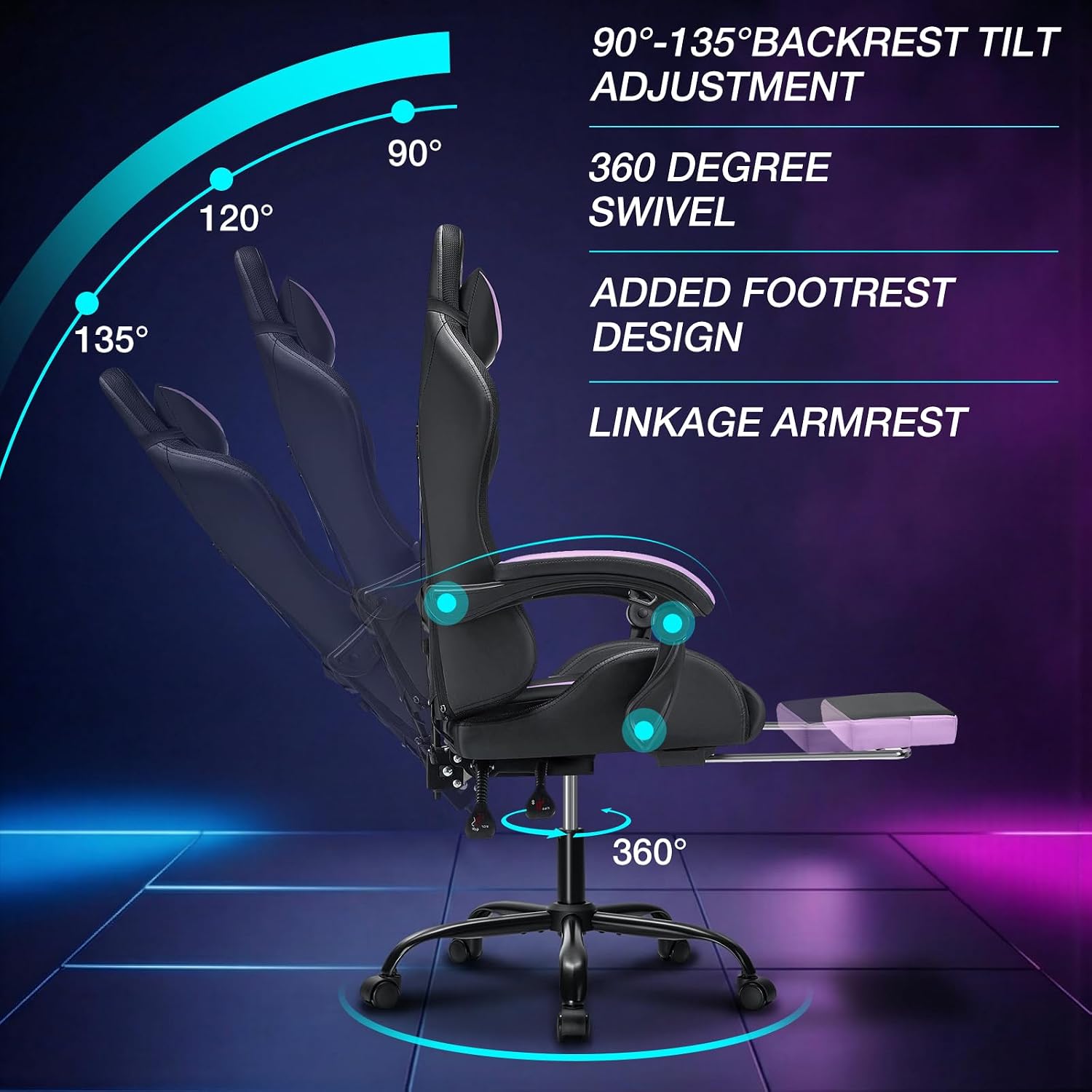 HOFFREE Gaming Chair with LED RGB Lights and Massage Ergonomic Computer Chair with Footrest High Back Video Game Chair with Adjustable Lumbar Support Linkage Armrest Purple and Black