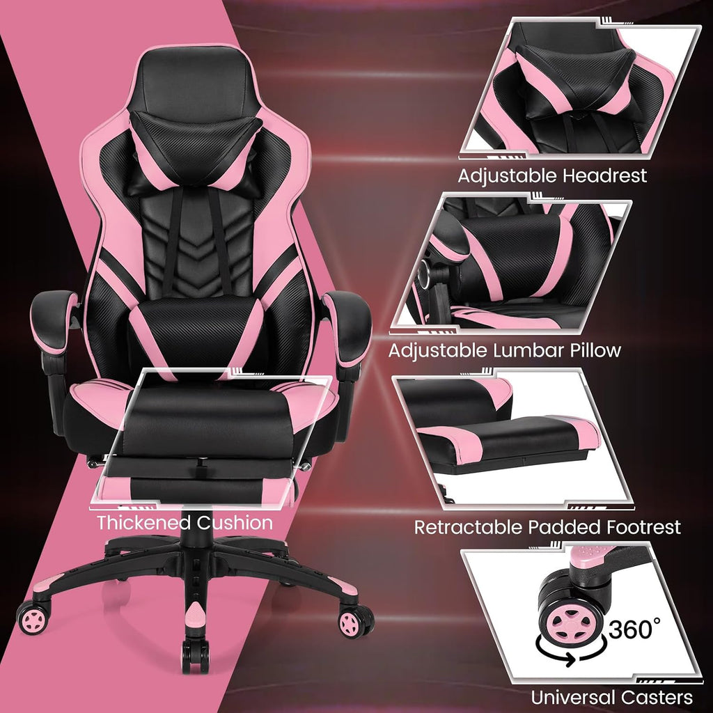 Goplus Gaming Chair, Computer Chair with Footrest and Lumbar Support, Height Adjustable Executive Swivel Rolling Task Chair with 90°-155° Tilt Function (Pink)