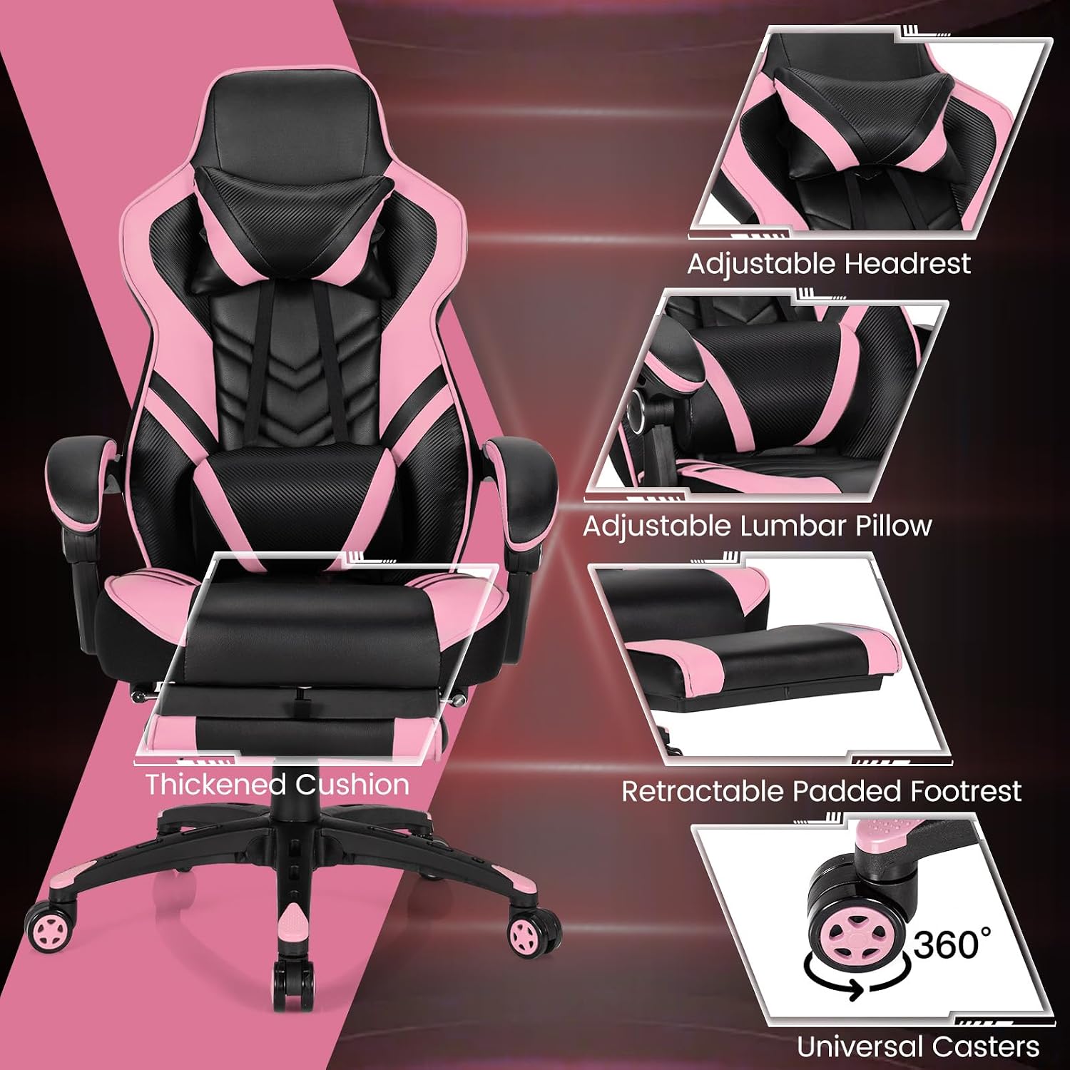 Goplus Gaming Chair, Computer Chair with Footrest and Lumbar Support, Height Adjustable Executive Swivel Rolling Task Chair with 90°-155° Tilt Function (Pink)
