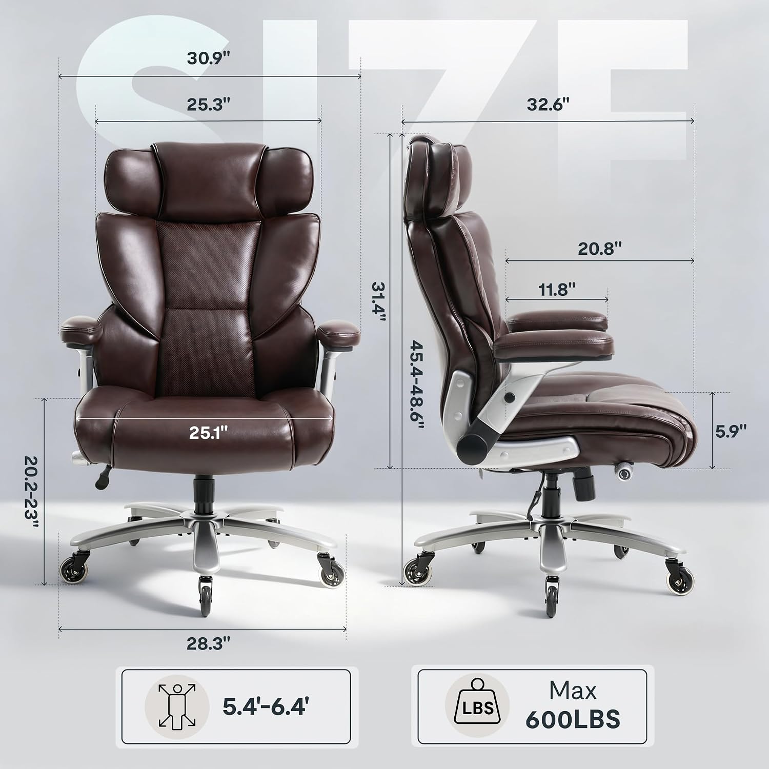 FLEXISPOT 600lbs Big and Tall Office Chair for Heavy People, Heavy Duty Computer Desk Chair with Dynamic Lumbar Support 2D Armrest Blade Wheels, Chairs for Home Office Gaming Working, Leather, Brown