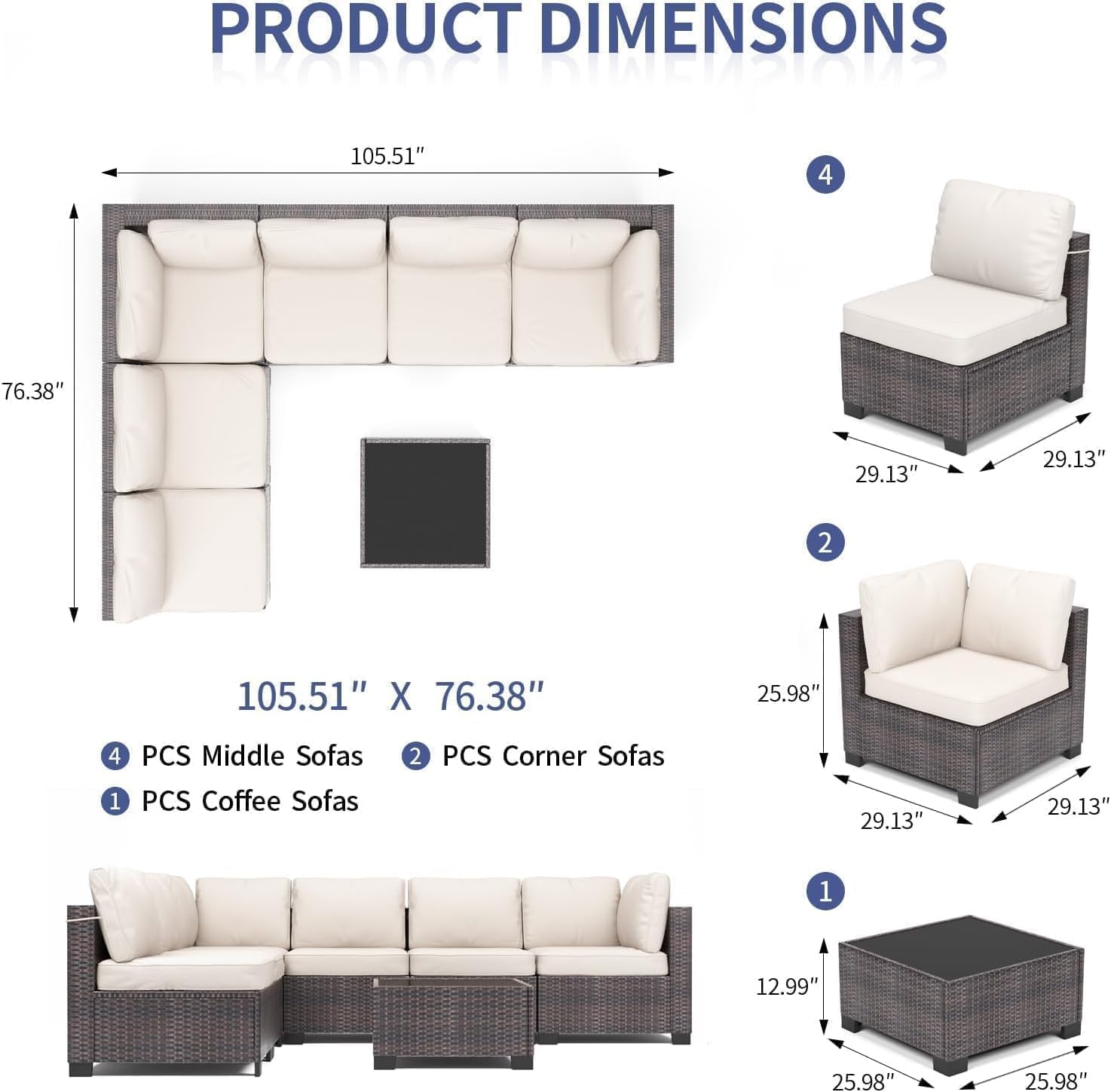 Garvee 7 Pieces Outdoor Patio Furniture Set, Rattan Wicker Sofa Set with Soft Cushions and Coffee Table, All-Weather Outdoor Furniture for Garden, Porch, Poolside, Brown&Beige