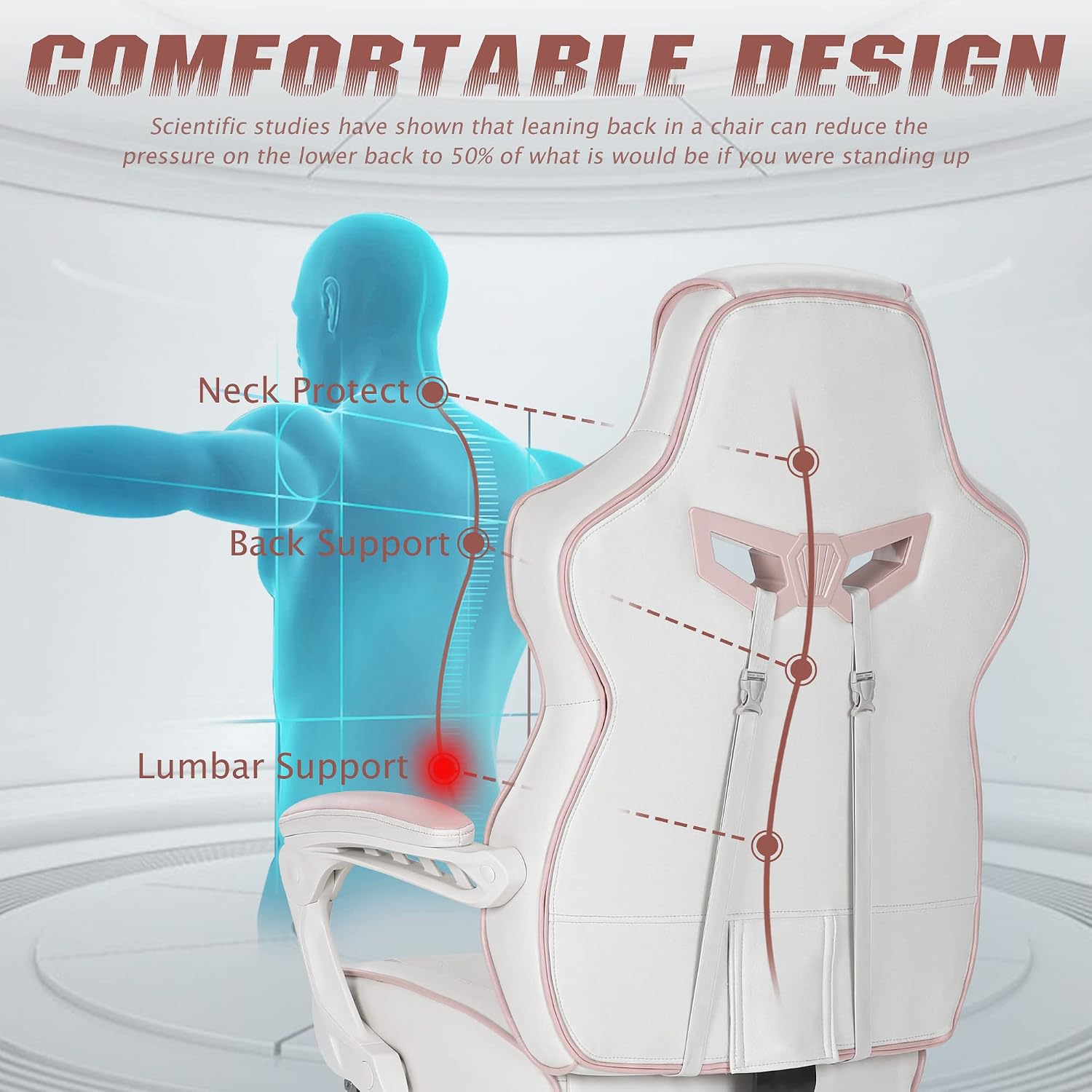 Vonesse Gaming Chair for Girls, Pink Computer Gaming Chairs for Adults, Reclining Gamer Chair with Footrest with Massage, Ergonomic Home Office Chair High Back (White/Pink)