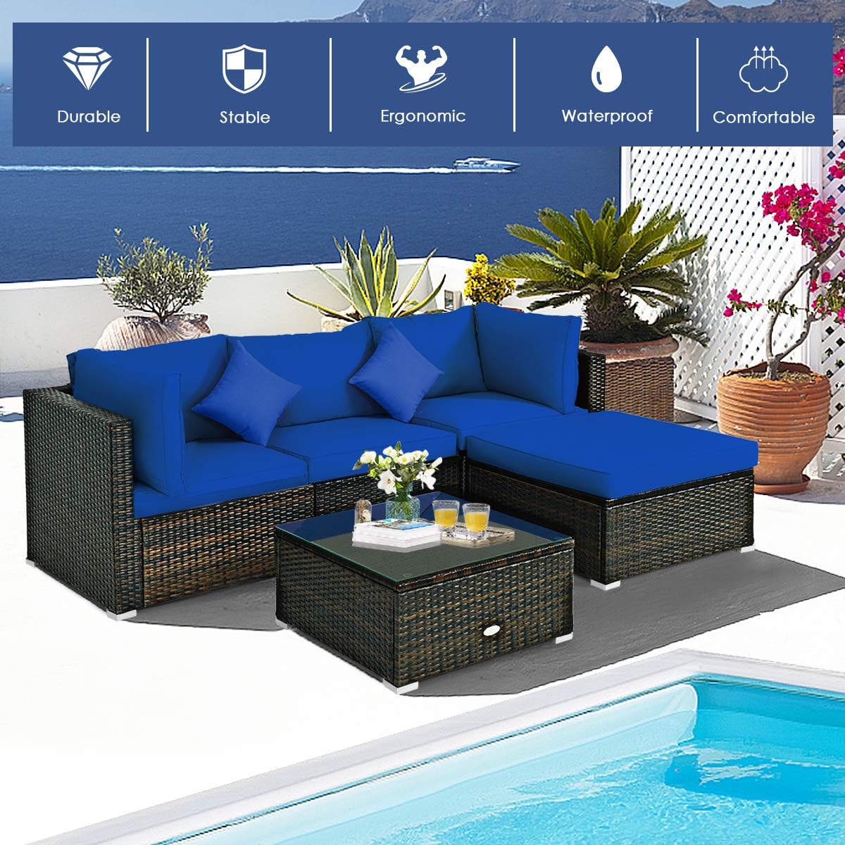 COSTWAY 5-Piece Outdoor Patio Furniture Set, Glass Top Coffee Table and Lounge Sofa with Cushions, PE Rattan Conversation Set for Garden, Deck, Backyard (Navy)