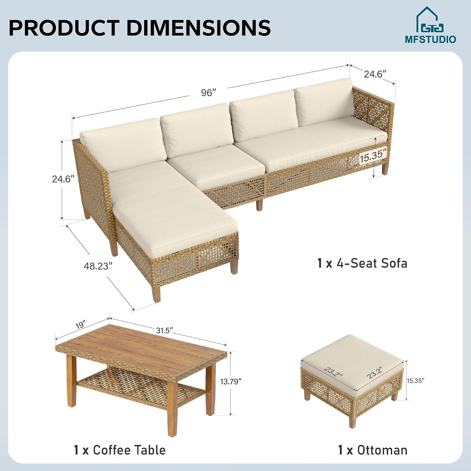 MFSTUDIO Wicker Patio Furniture Set, Rattan Outdoor Couch Sectional Sofa, 5 Pieces Patio Conversation Set with Acacia Wood Coffee Table, Outdoor Rattan Furniture Set for Garden or Balcony, Beige