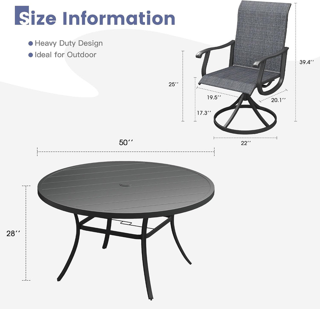 VICLLAX 7 Pieces Outdoor Dining Set, Patio Furniture Set of 6 Patio Swivel Dining Chairs and 50' Patio Round Table for Backyard, Dark Charcoal Chairs & Black Tabletop