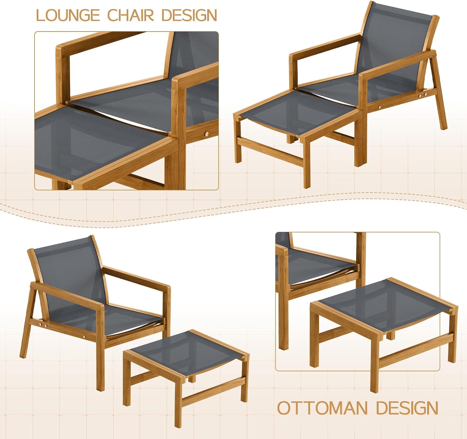 Devoko Patio Furniture Set 4 Piece Outdoor Conversation Set Acacia Wood and Textile Chairs with Footstool for Patio, Lawn, Garden, Poolside