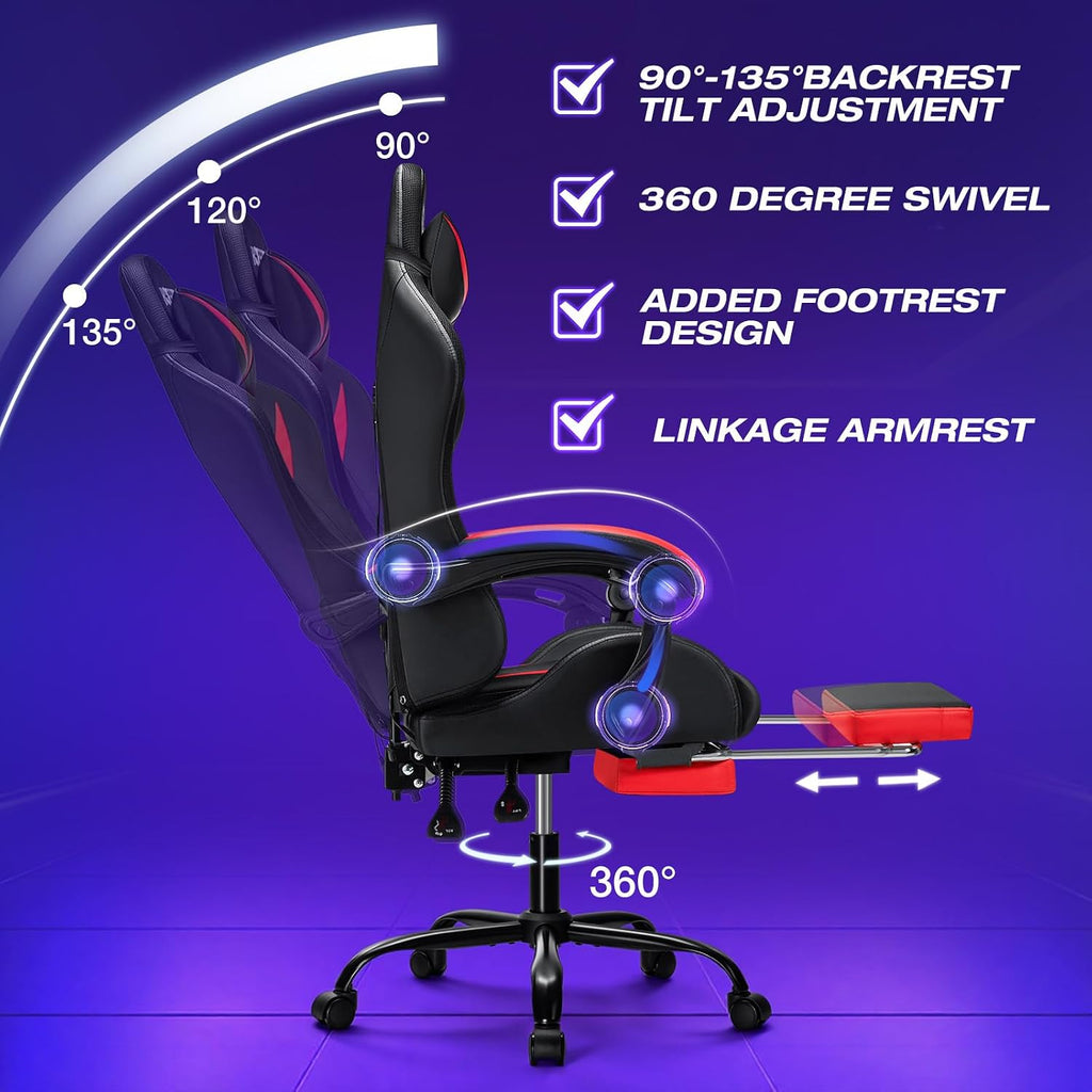 HOFFREE Gaming Chair with LED RGB Lights Massage Ergonomic Video Game Chairs with Footrest High Back Reclining Computer Chair with Adjustable Lumbar Support Red and Black