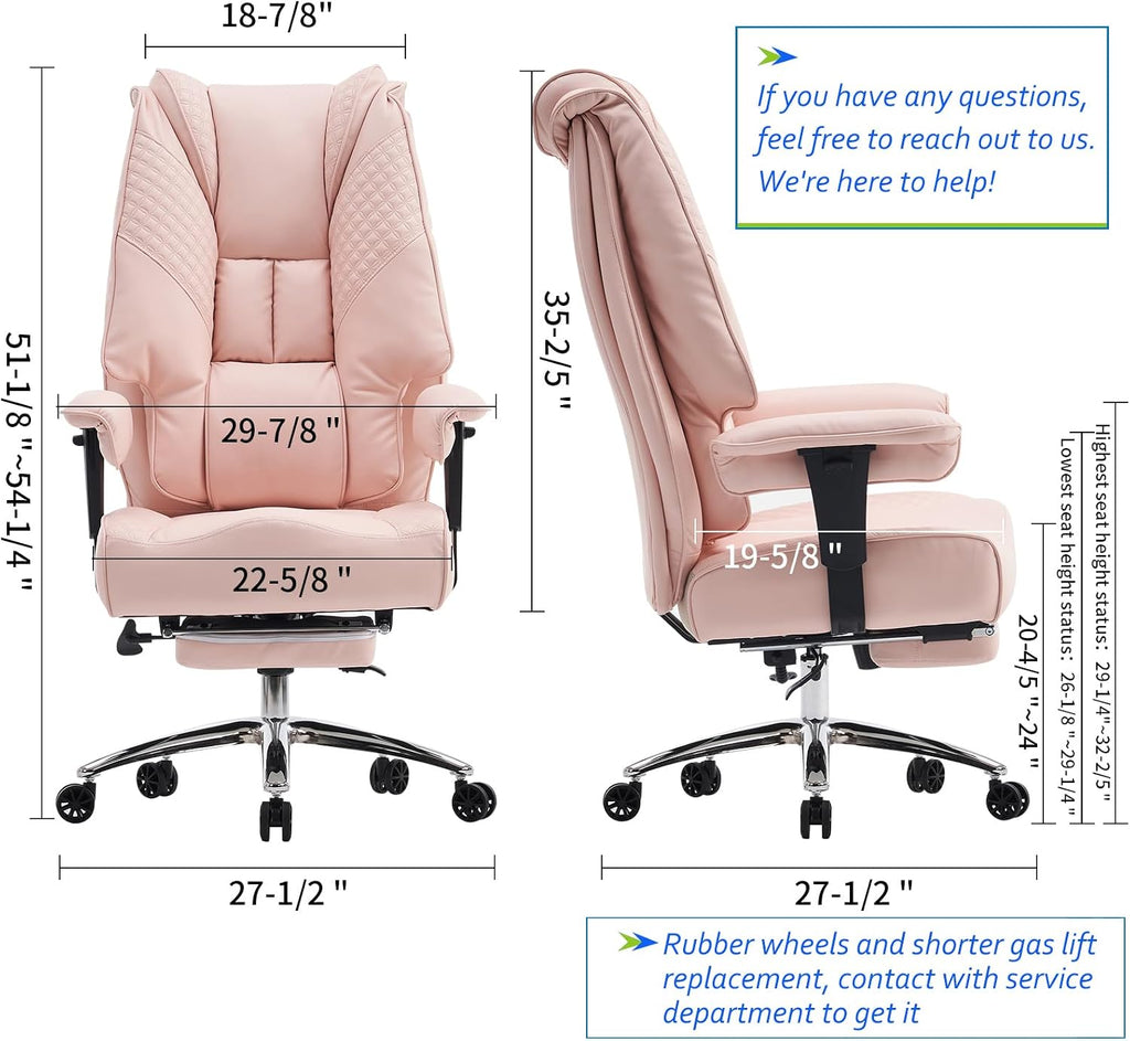 EXCEBET Big and Tall Office Chair 400lbs Wide Seat, Leather High Back Executive Office Chair with Foot Rest, Ergonomic Chairs Lumbar Support for Lower Back Pain Relief (Light Pink)