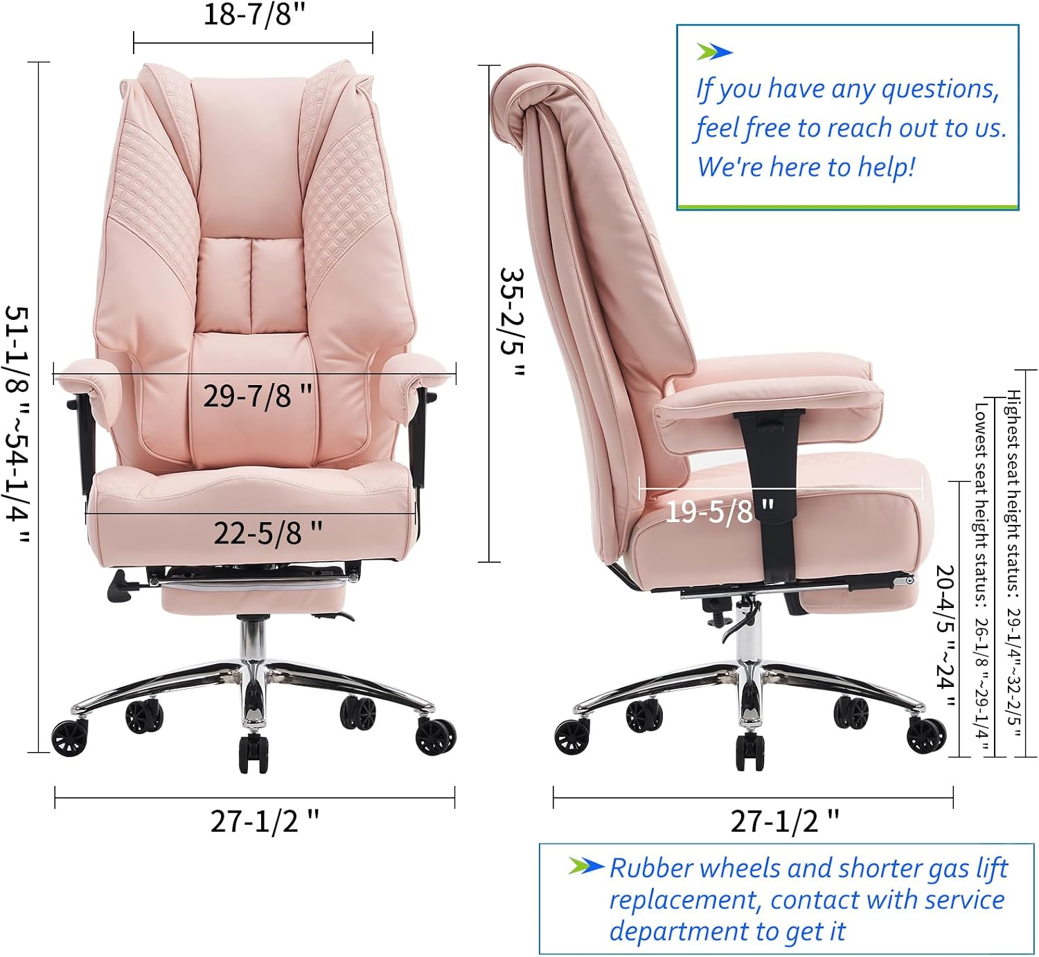EXCEBET Big and Tall Office Chair 400lbs Wide Seat, Leather High Back Executive Office Chair with Foot Rest, Ergonomic Chairs Lumbar Support for Lower Back Pain Relief (Light Pink)
