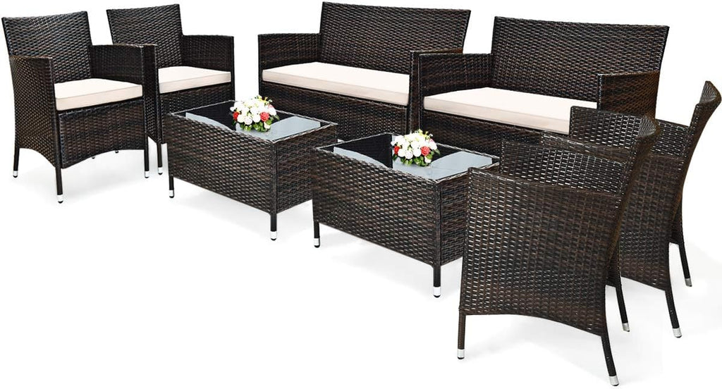 Tangkula 8 PCS Patio Rattan Conversation Set, Outdoor Wicker Furniture Set with Tempered Glass Coffee Table &Thick Cushion, Rattan Chair Wicker Set for Garden, Lawn, Poolside and Backyard (2, Brown)
