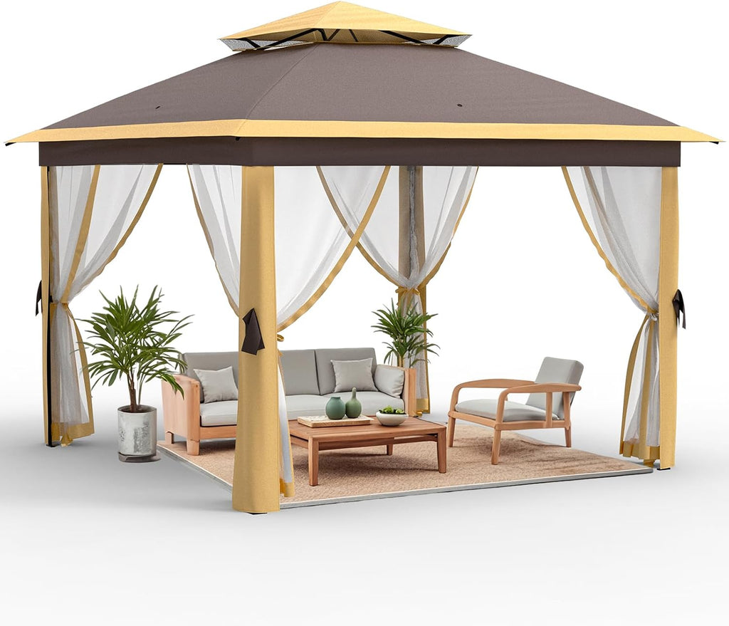 11x11 FT Outdoor Gazebo, Heavy Duty Pavilion With Sturdy Metal Frame & Double Roofs, Patio Shelter With Mosquito Netting, Ideal for Backyard, Garden, Lawn, Deck, Khaki/Brown