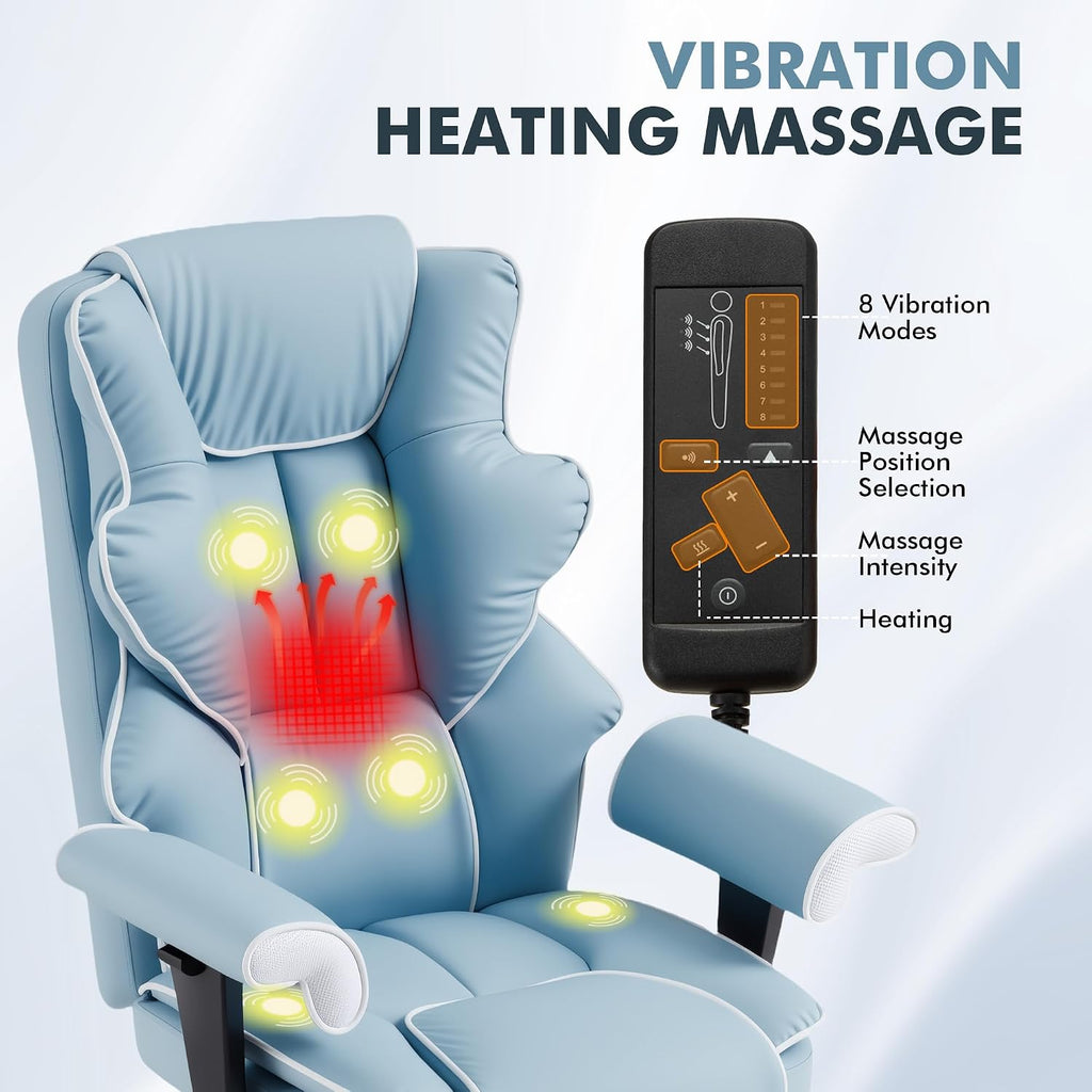HOMREST 6-Point Massage Executive Chair,Heat Office Chair,Ergonomic Home Office Desk Chairs with Retractable Footrest and Reclining Function,Leather Computer Chair with Adjustable Armrest(‌Airy Blue)