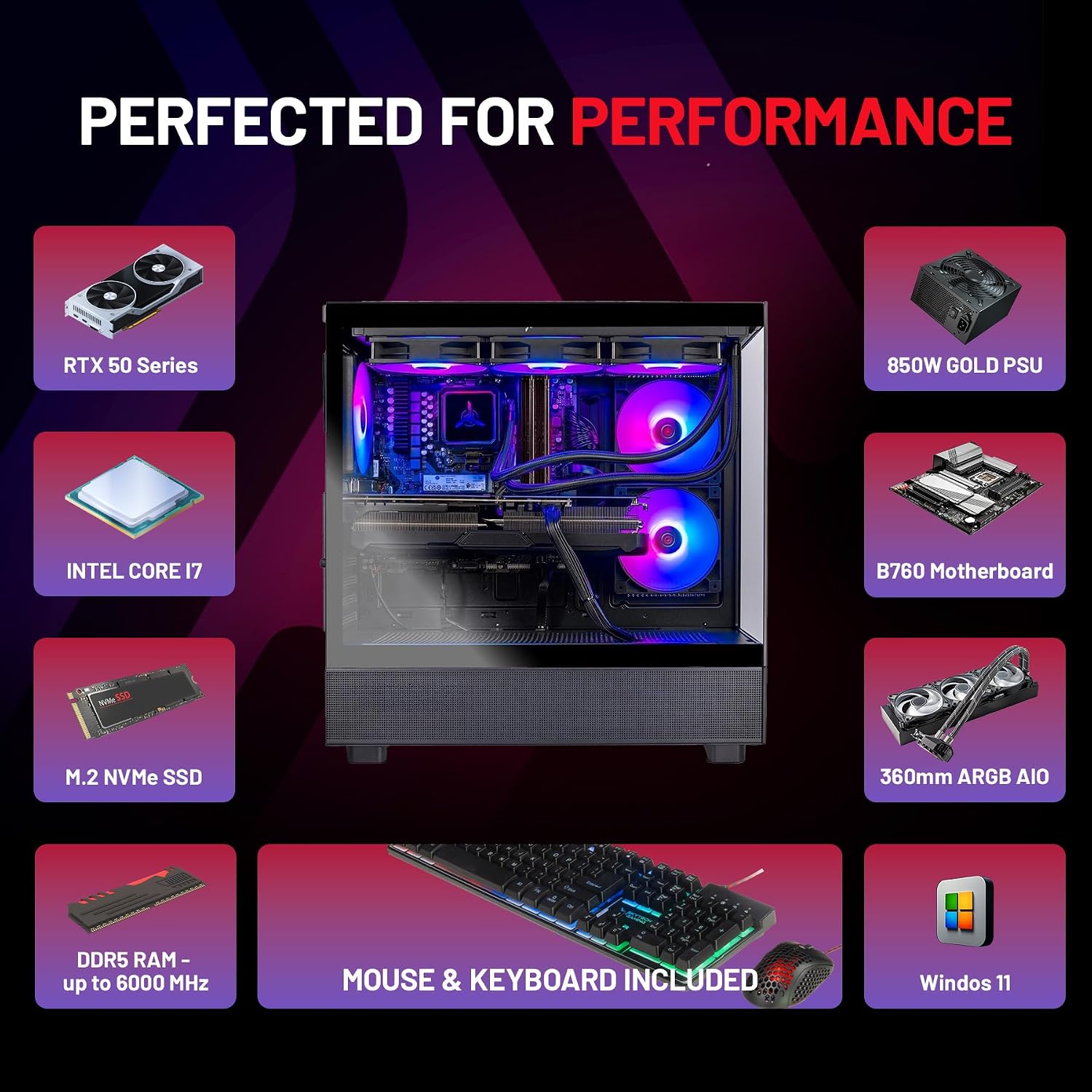 Skytech Gaming Azure 3 Desktop PC, Intel i7 14700F 2.1 GHz (5.3GHz), NVIDIA RTX 5070 12GB, 1TB Gen4 NVMe SSD, 32GB DDR5 RAM 6000 RGB, 850W Gold PSU, 360mm ARGB AIO, Wi-Fi, Win 11