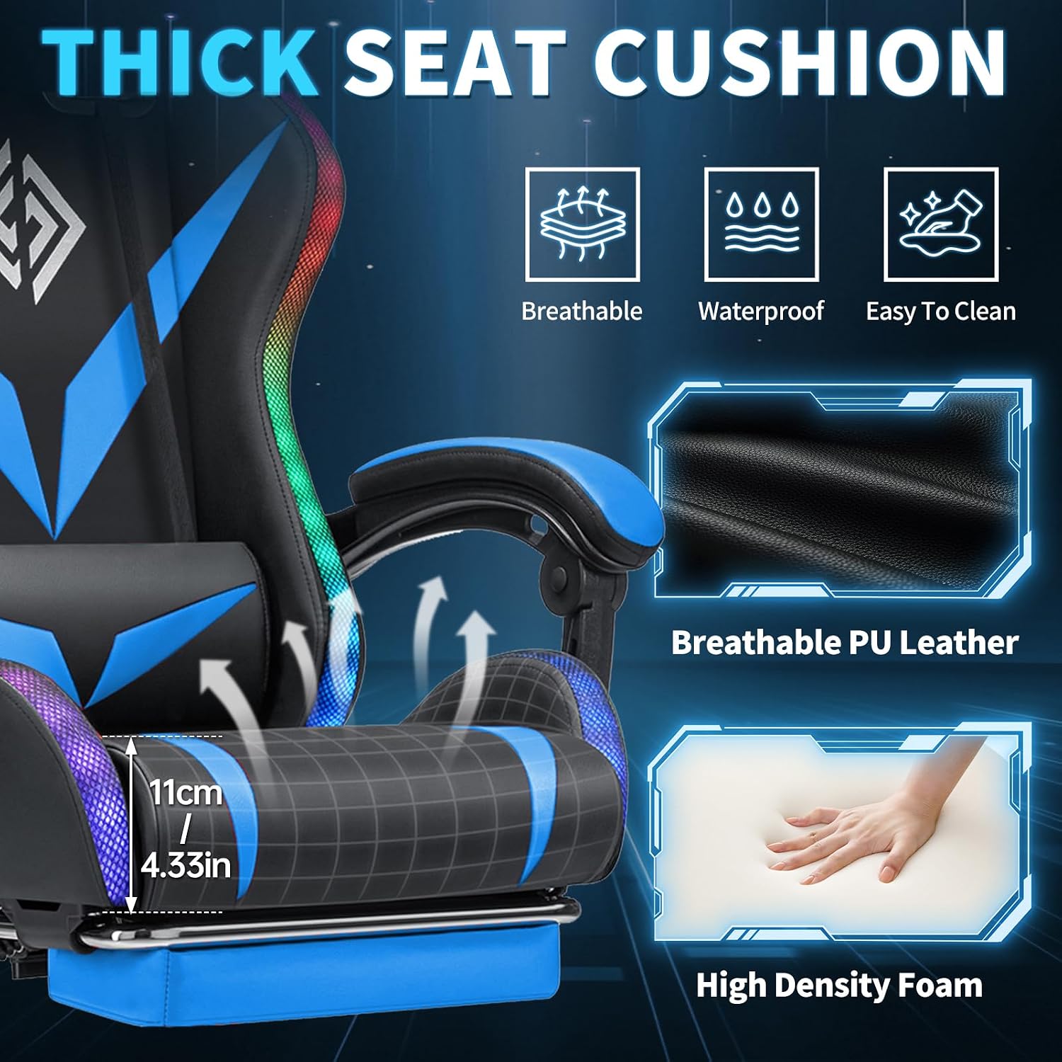 RGB Gaming Chair with Massage and LED Lights Ergonomic Video Game Chairs with Footrest High Back Reclining Computer Chair with Adjustable Lumbar Support Blue and Black