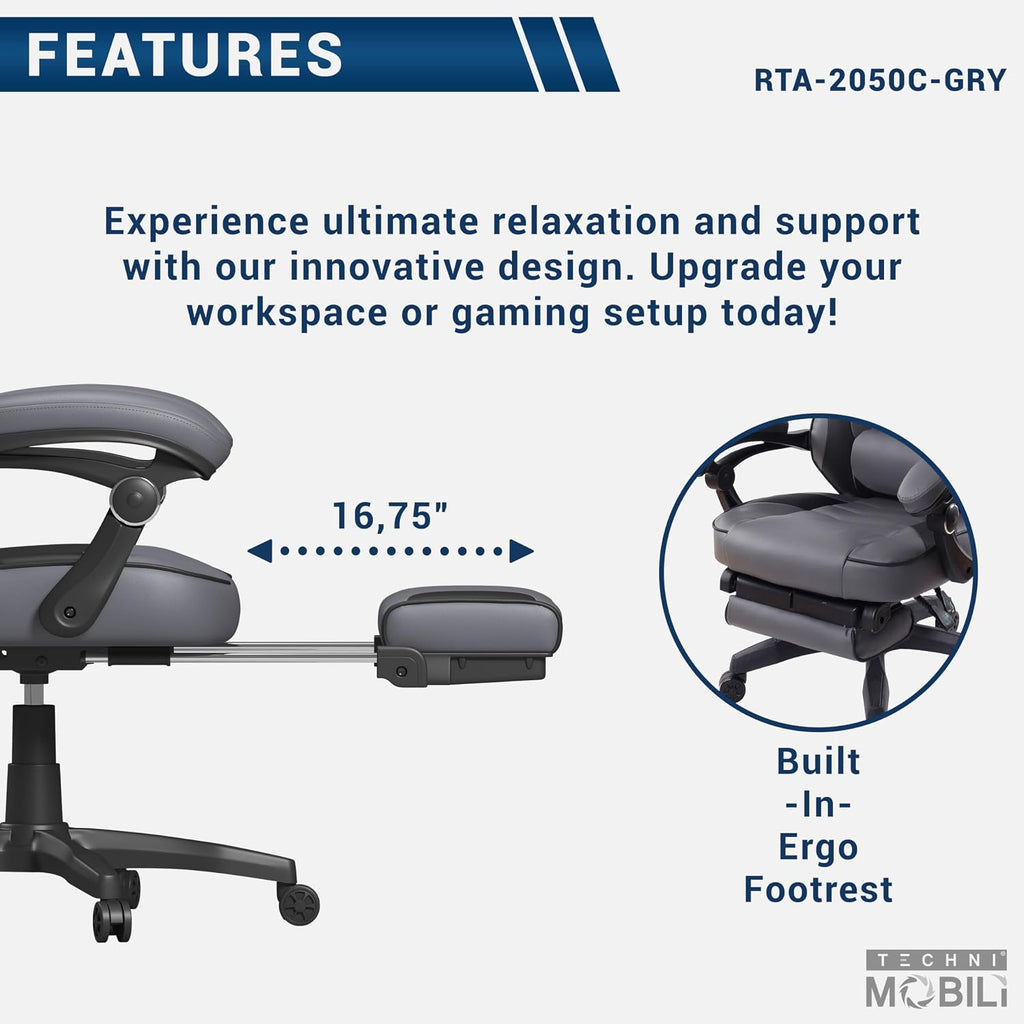 Executive Office or Gaming Chair with Footrest, Padded PU Leather Office Chair with 150-Degree Recline, Lumbar Support & Headrest Pillow, Grey