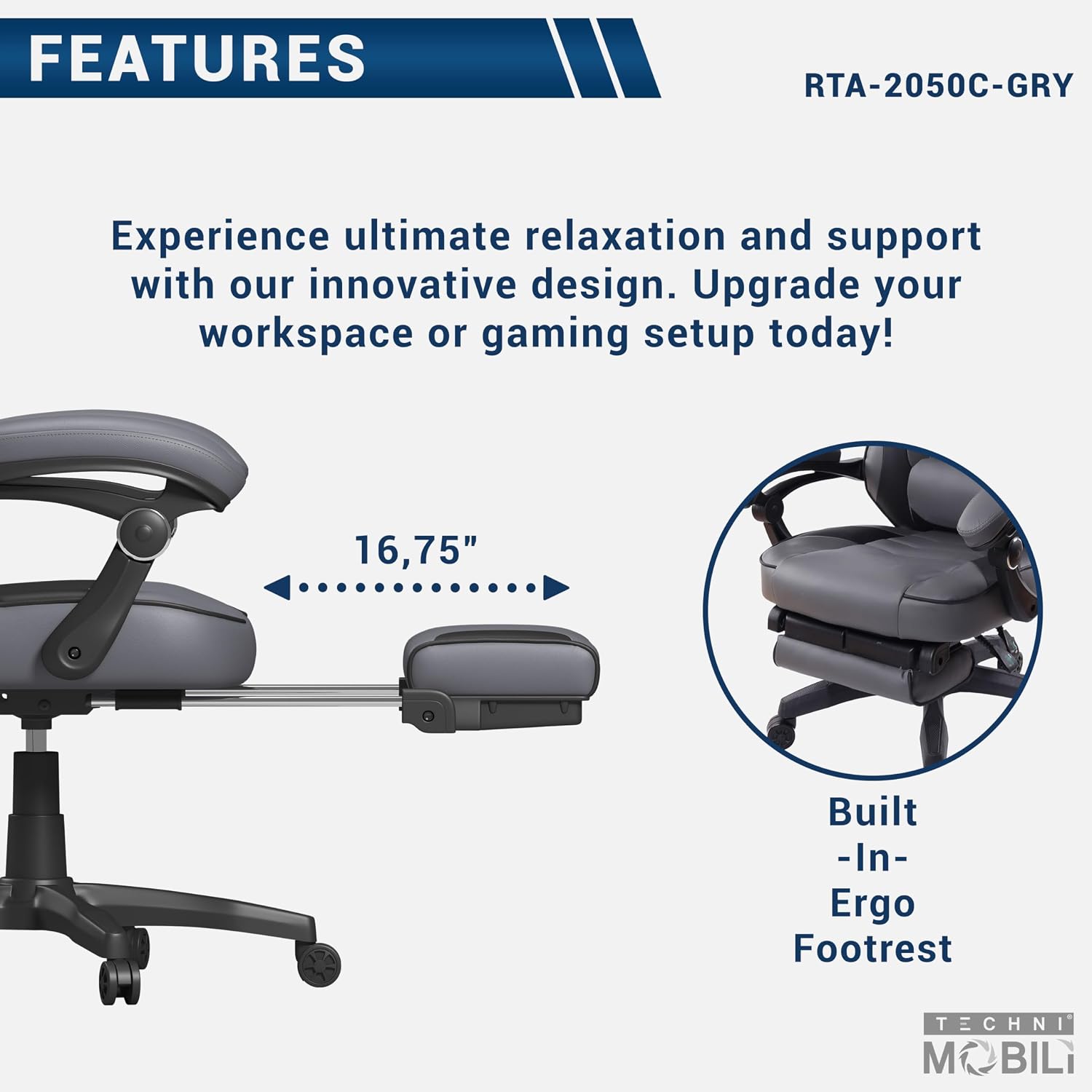 Executive Office or Gaming Chair with Footrest, Padded PU Leather Office Chair with 150-Degree Recline, Lumbar Support & Headrest Pillow, Grey