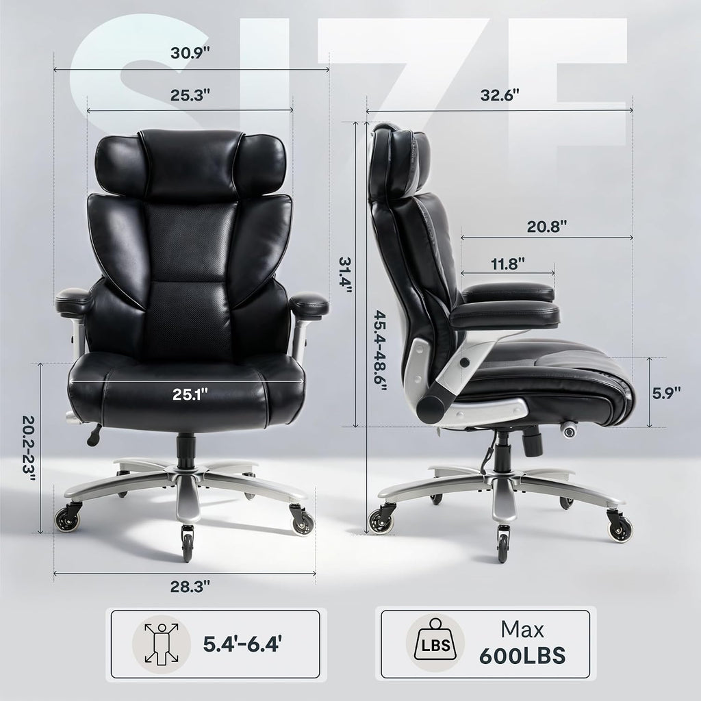 FLEXISPOT 600lbs Big and Tall Office Chair for Heavy People, Heavy Duty Computer Desk Chair with Dynamic Lumbar Support 2D Armrest Blade Wheels, Chairs for Home Office Gaming Working, Leather, Black