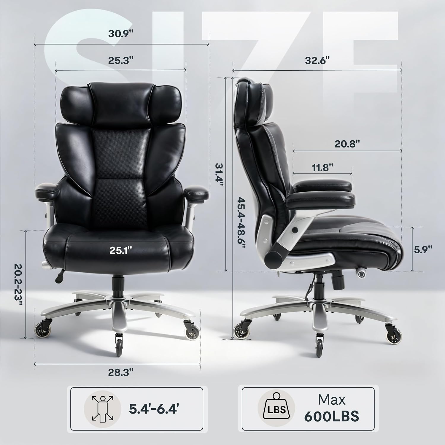 FLEXISPOT 600lbs Big and Tall Office Chair for Heavy People, Heavy Duty Computer Desk Chair with Dynamic Lumbar Support 2D Armrest Blade Wheels, Chairs for Home Office Gaming Working, Leather, Black