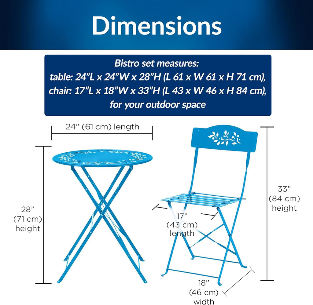 Alpine Corporation 3-Piece Bistro Set with Folding Table and 2 Chairs, Durable Steel Indoor/Outdoor Patio Furniture, Compact Seating, Blue