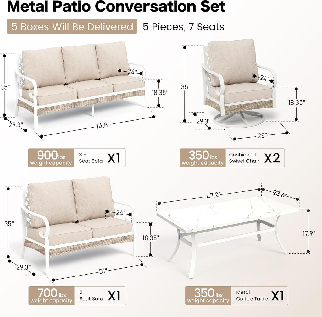 SUNSHINE VALLEY 6 Piece Metal Outdoor Patio Furniture Set, Patio Conversations Set 3-Seater Sofa, 2-Seater Sofa, 2 Swivel Chair with 5.75' Thick Cushion & Coffee Table White Backyard Furniture, Beige