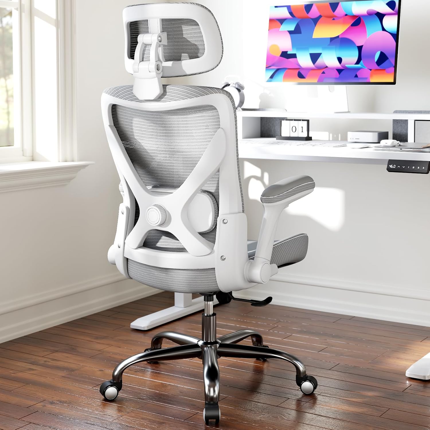 Ergalithic Ergonomic Office Chair-Computer X-Shaped Chair Mesh PU Leather with Adjustable Lumbar Support-Executive Desk Chair High Back with Headrest Flip-Up Arms for Long Hours (White-Grey)