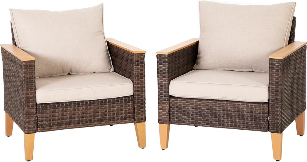 Sophia & William Outdoor Patio Sectional Sofa Set 2 Seats High Back Single Wicker Patio Furniture Chairs All-Weather Patio Conversation Set Outdoor Couch with 4' Thick Cushions, Beige
