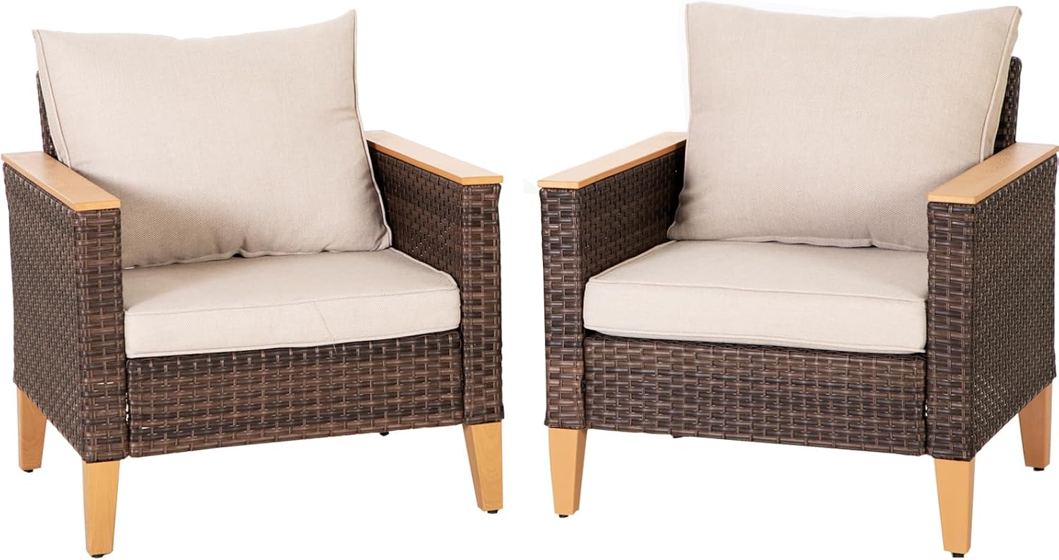 Sophia & William Outdoor Sectional Sofa 2 Piece Patio Wicker Furniture Set, Large Single Sofa Chairs, Deck Porch Furniture with 4' Thick Cushions(Beige)