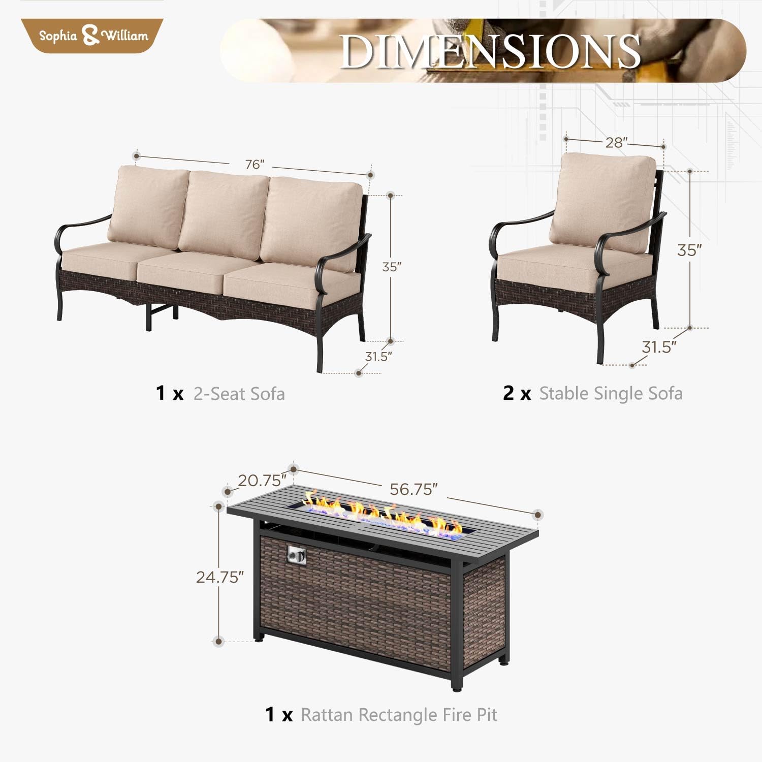 Sophia & William Patio Furniture Set with Fire Pit Table, 4 PCS Metal Outdoor Conversation Set with Fire Pit Table, 2 Sofa Chairs,3-Seater Couch for Outdoor Seating, Backyard, Porch(Beige)