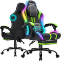 HOFFREE LED Gaming Chair with Bluetooth Speakers Massage Gaming Chair with RGB Lights Big and Tall Gamer Chair for 400lbs Heavy People High Back Computer Desk Chair with Footrest Green and Black